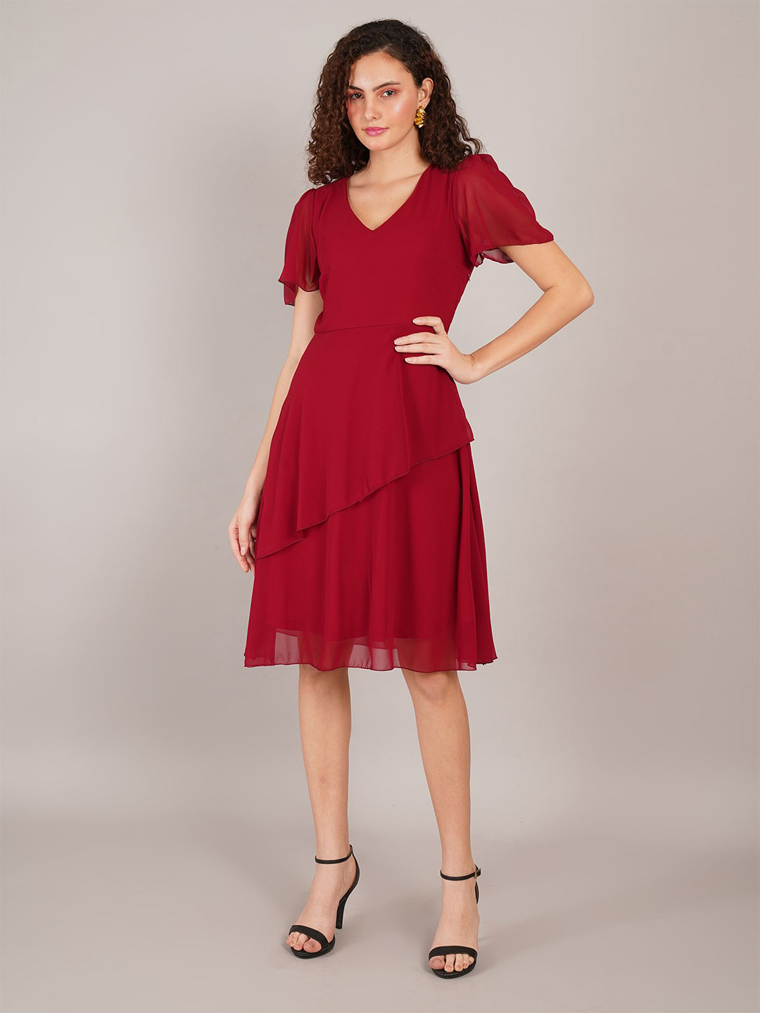 Curvydrobe Women V-Neck Flared Sleeve Ruffled Georgette Fit & Flare Dress