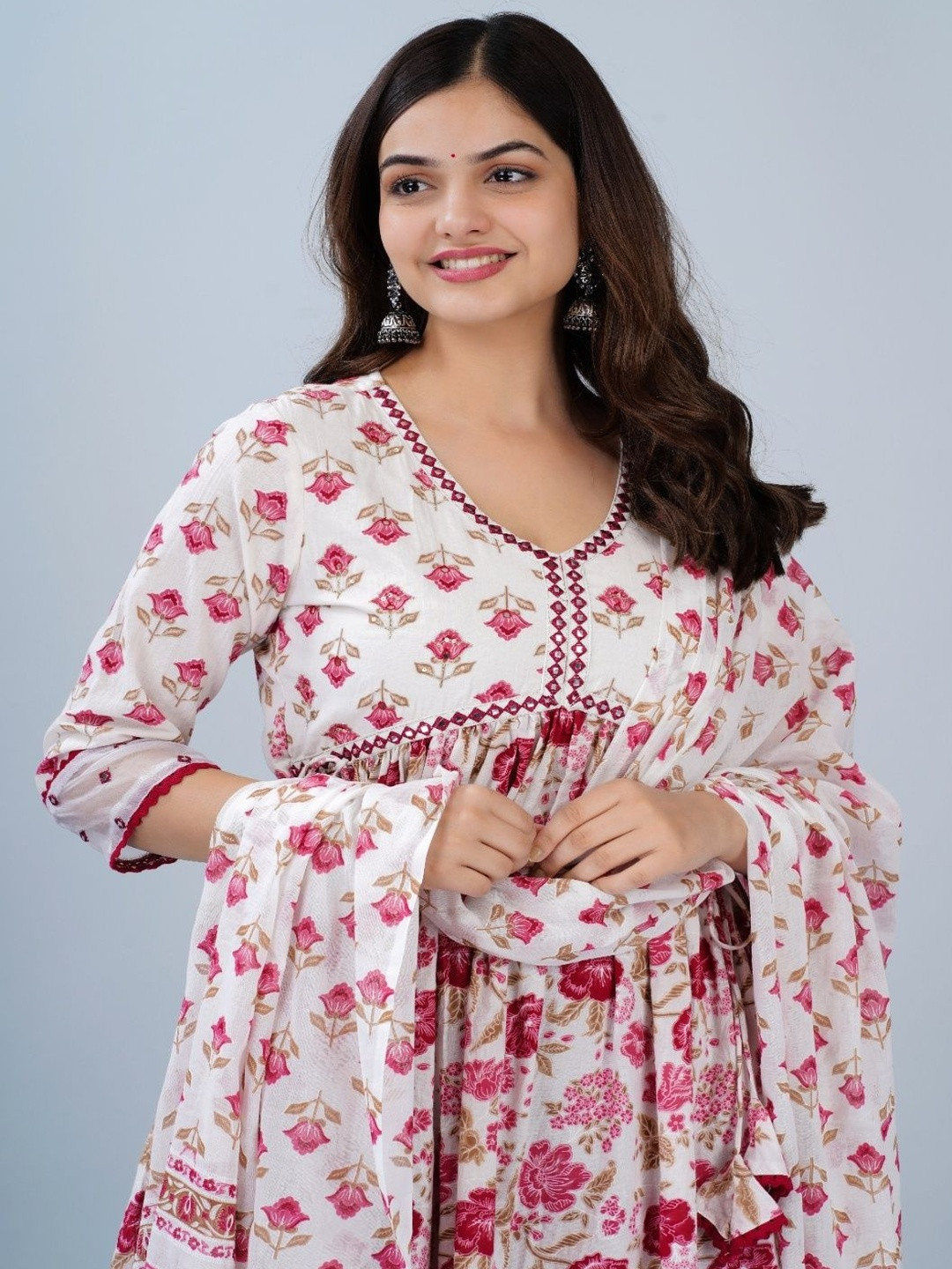 Set to Shine Shop Women Floral Printed Cotton Anarkali Kurta with Trousers & Dupatta