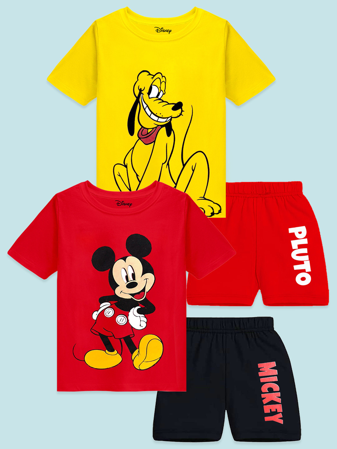 KUCHIPOO Boys Pack Of 2 Disney Printed Round Neck T-Shirts And Shorts
