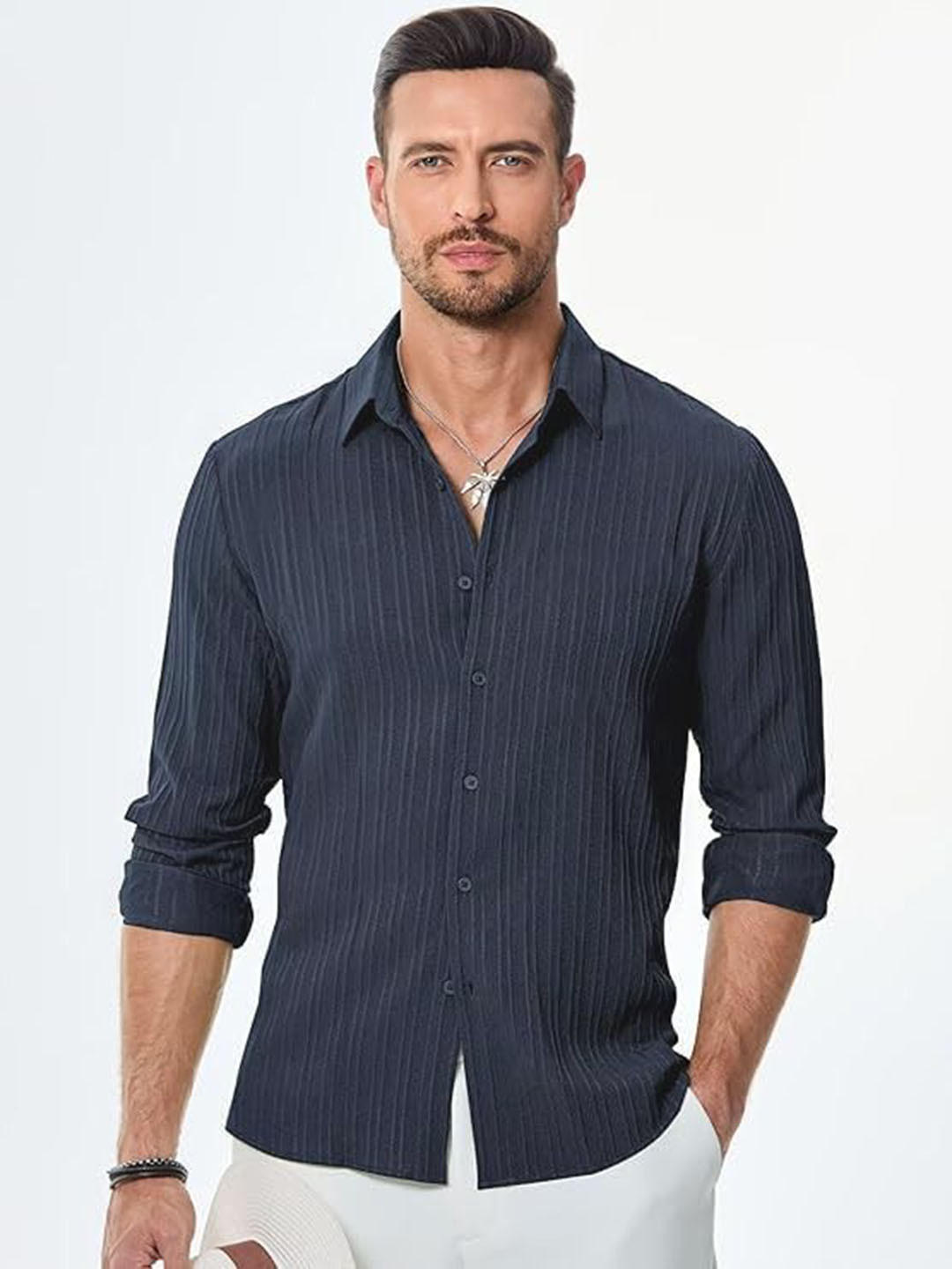 CB-COLEBROOK Textured Spread Collar Linen Casual Shirt