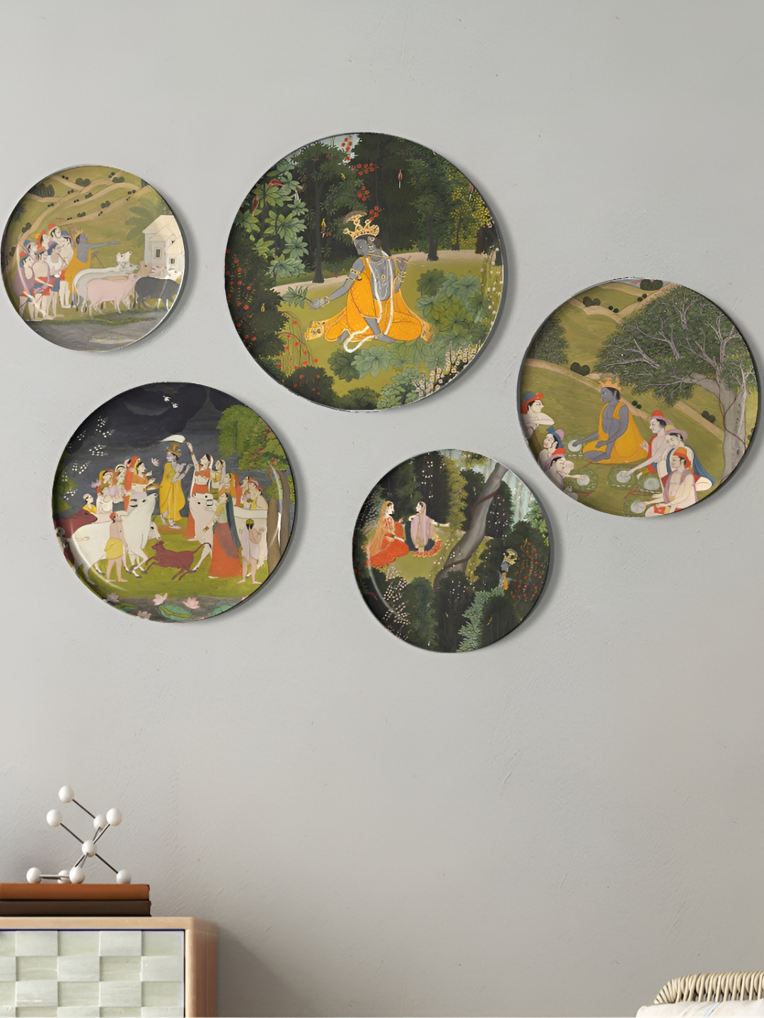 DESSINE ART 5 Pieces Green & Yellow Life of Krishna Metal Wall Art