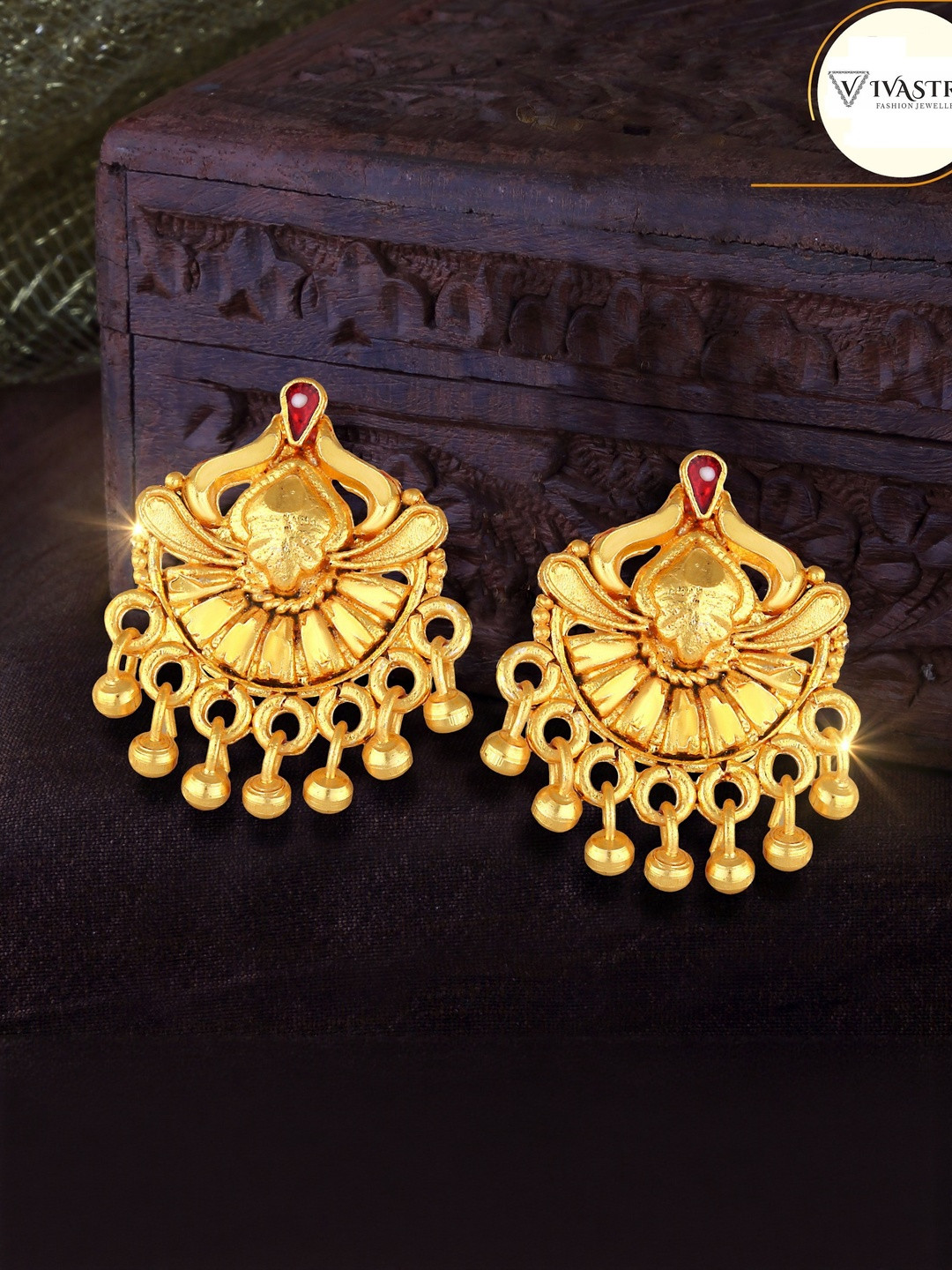 VIVASTRI Gold-Plated Artificial Stone Studded & Beaded Earrings