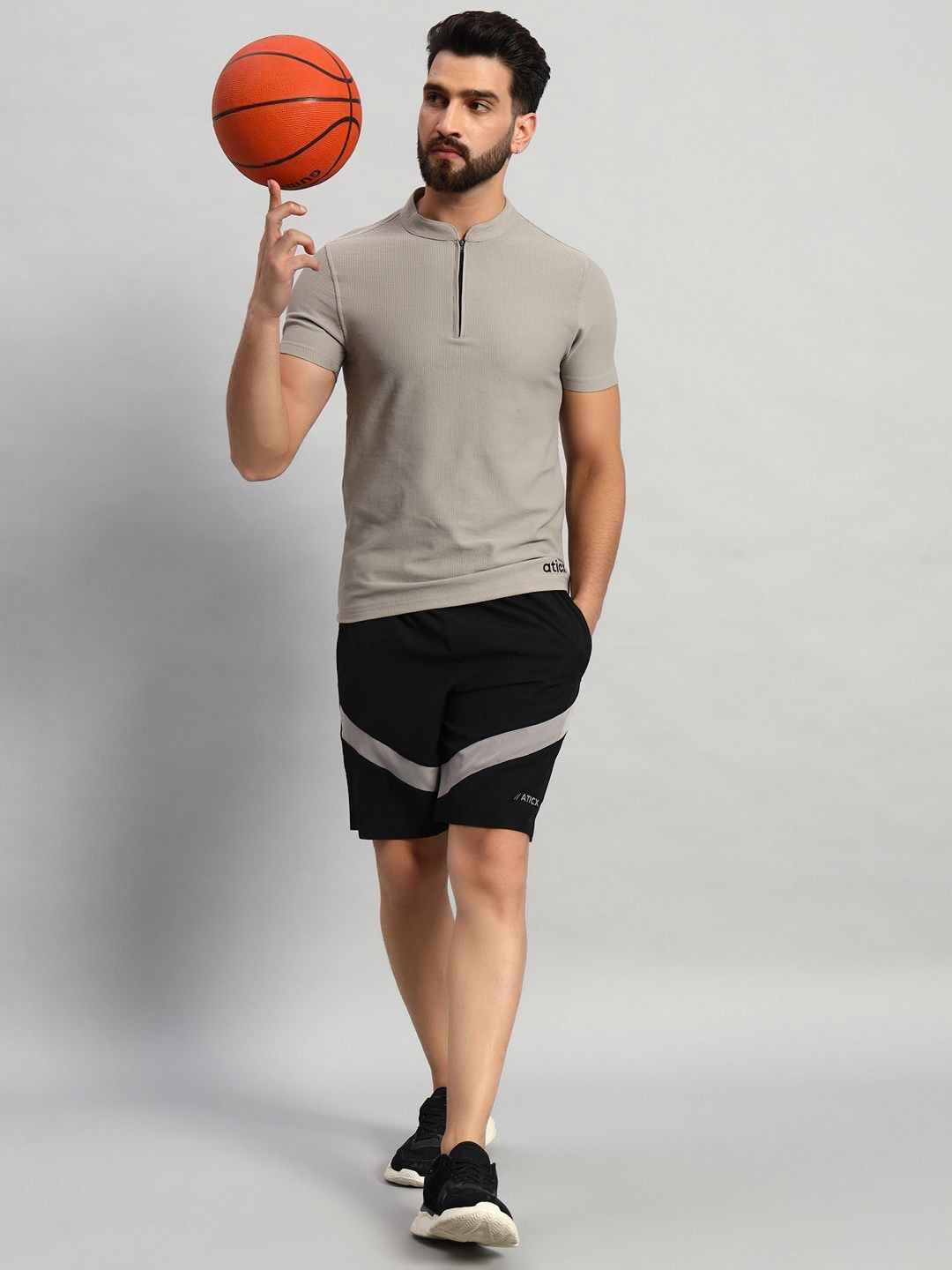 ATICX Men Brand Logo Mandarin Collar Antimicrobial Slim Fit T-shirt