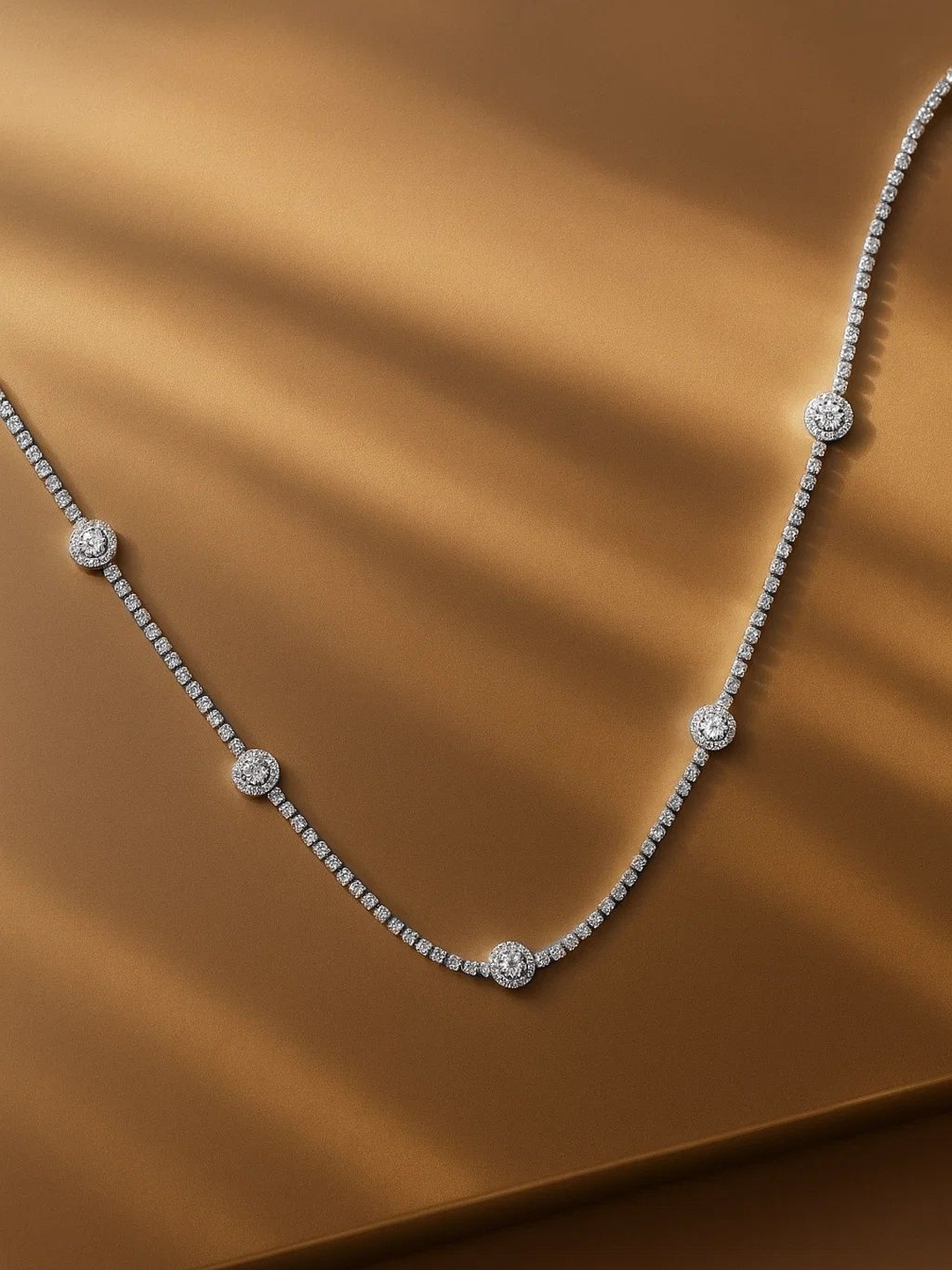 Women Rhodium-Plated Brass Crystal Round Cubic Zirconia Tennis Inspired Necklace Chains