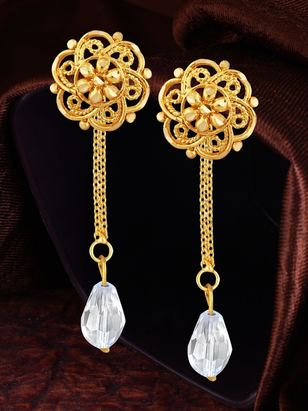 VIVASTRI Gold-Plated Artificial Stones Studded & Beaded Floral Earrings