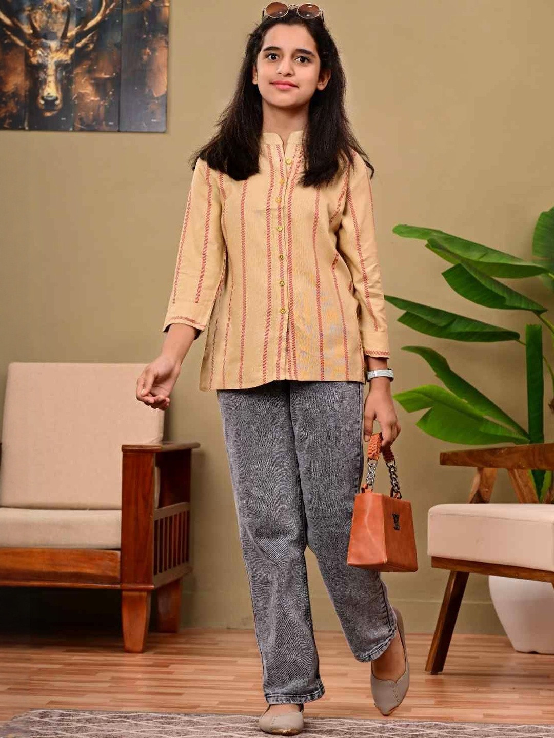 DMP EXPORT Women Brown Viscose Rayon Mandarin Collar Casual Shirt Style Top