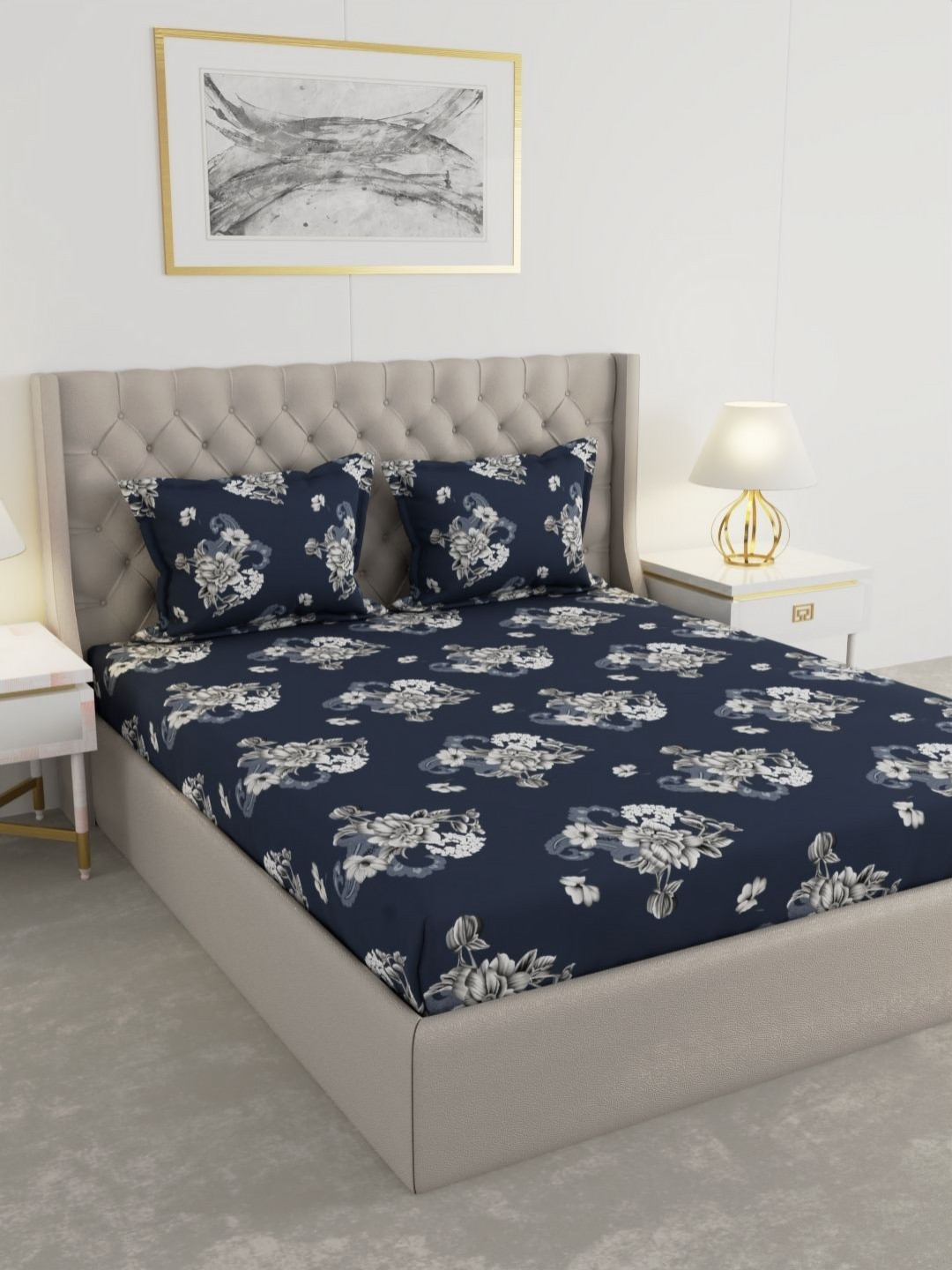 Raymond Home Navy Blue & White Printed 100 TC Queen Bedsheet Set-2.25 m x 2.50 m