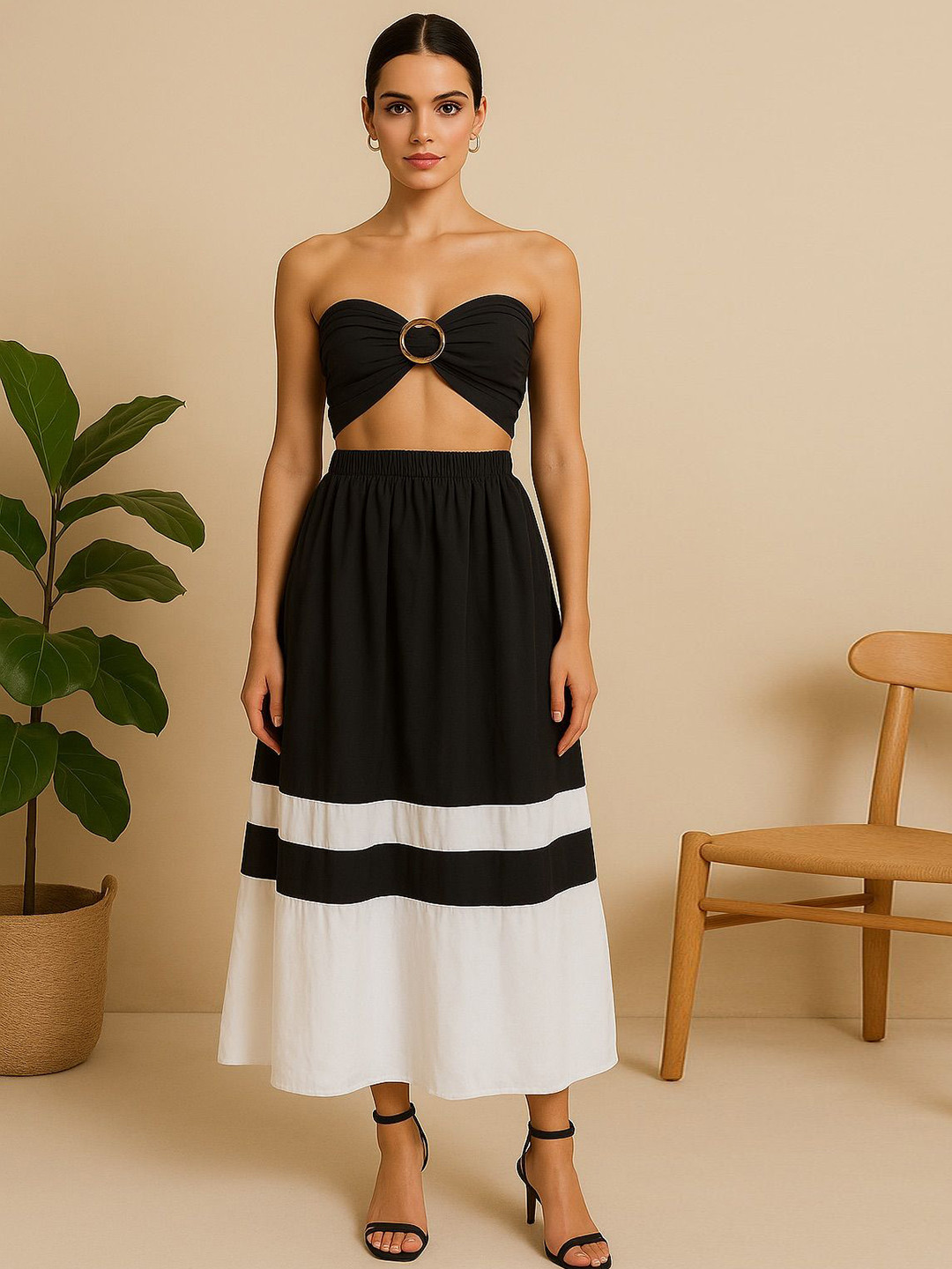 Blissence Black and White Off Shoulder Pure Cotton Top with Skirt