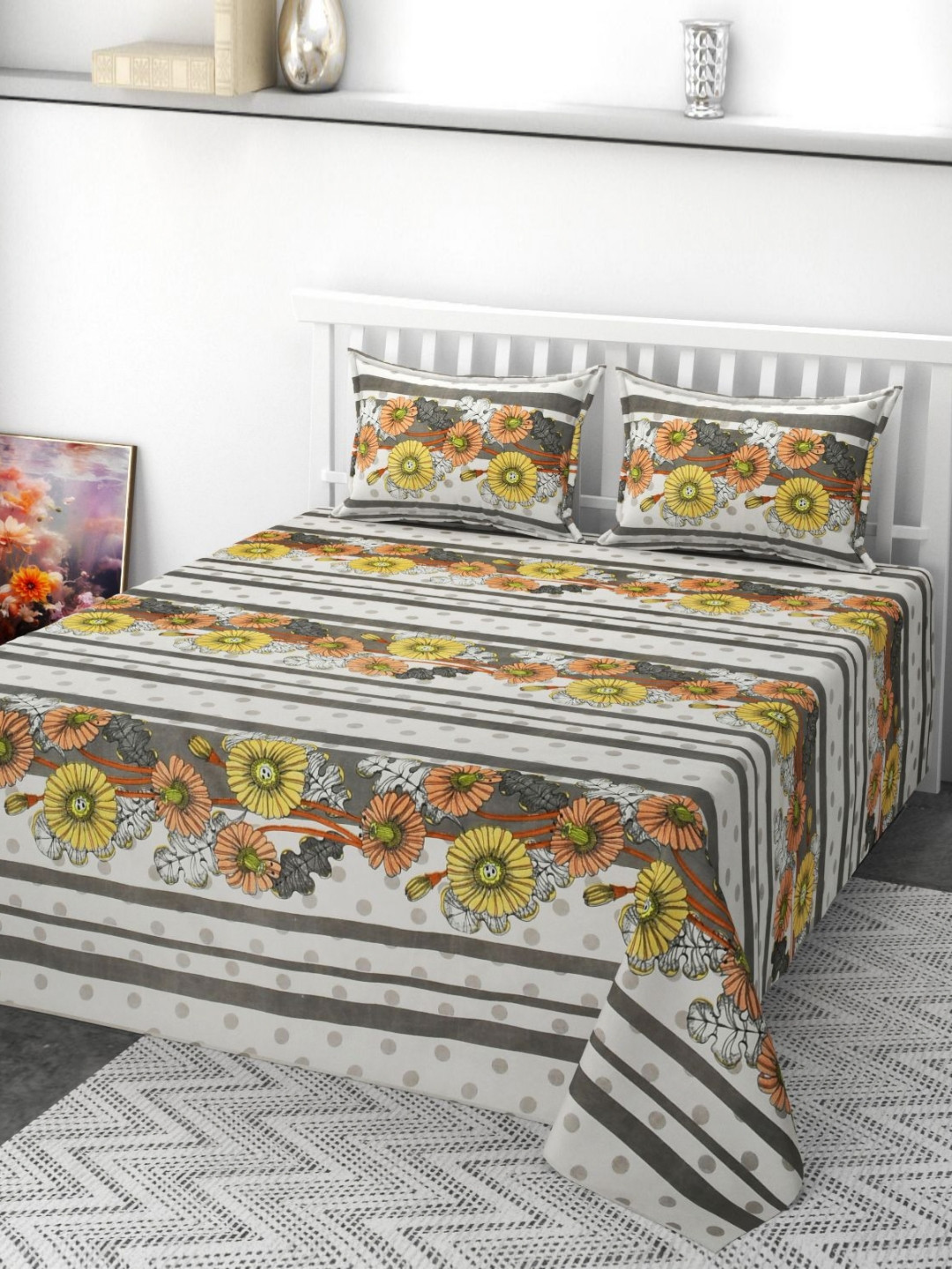 GEET CREATIONS Cream & Orange Printed 210 TC Queen Bedsheet Set 2.51 m x 2.28 m