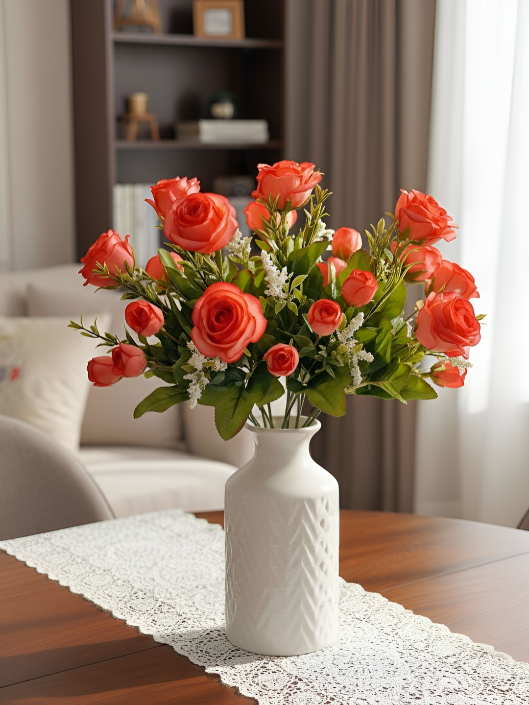 ARTSY Red & Green 2 Pieces Rose Artificial Flower