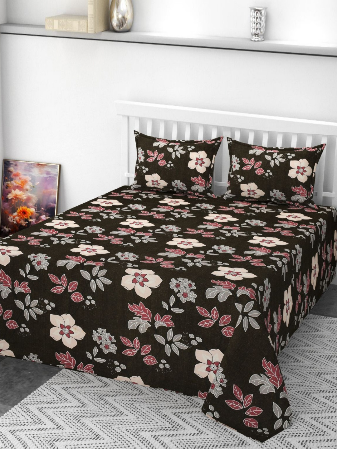 GEET CREATIONS Black & Red Floral Printed 210 TC Queen Bedsheet Set 2.51 m x 2.28 m