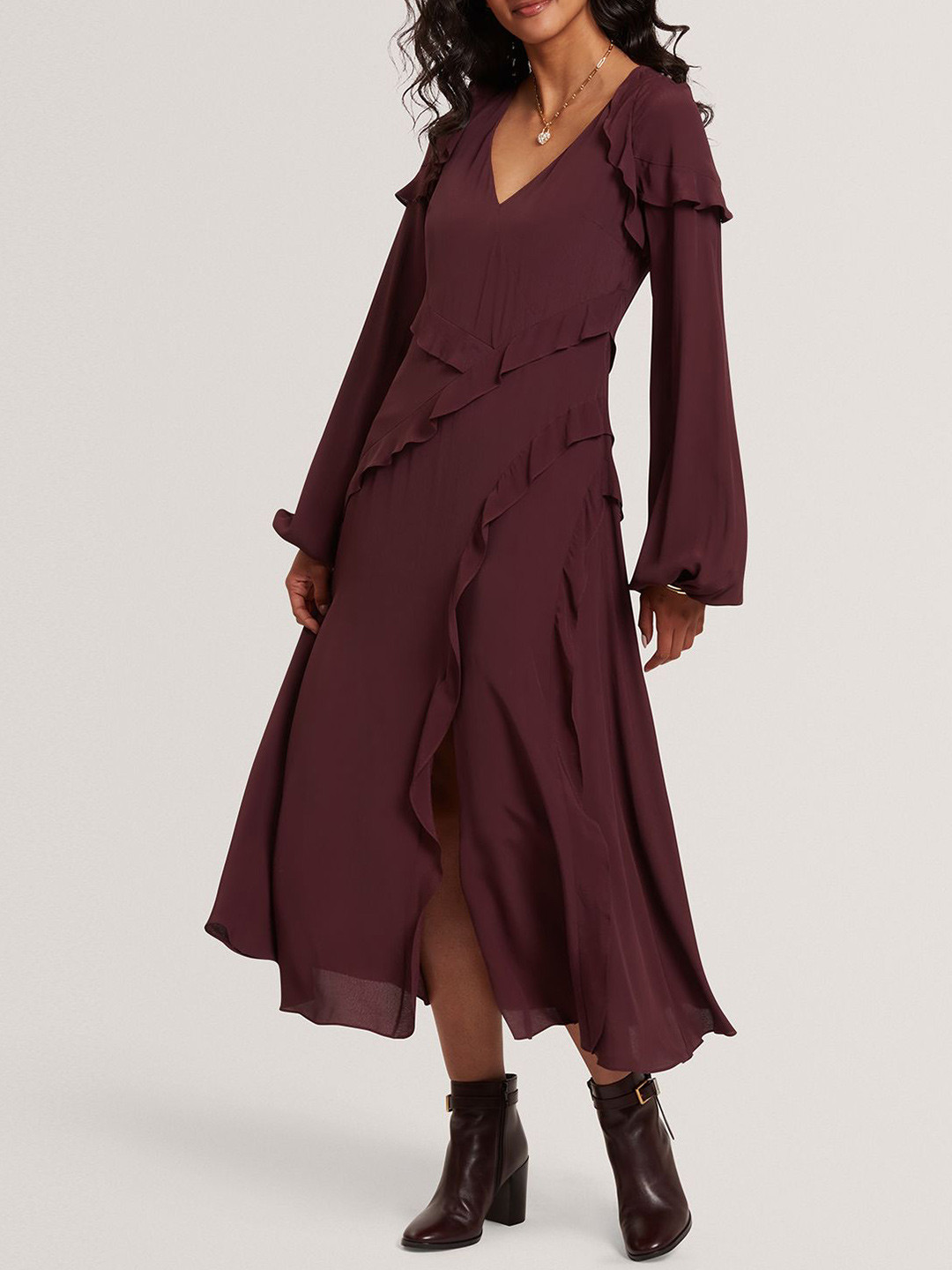 Ted Baker Puff Sleeves Frilled Cotton Wrap Midi Dress