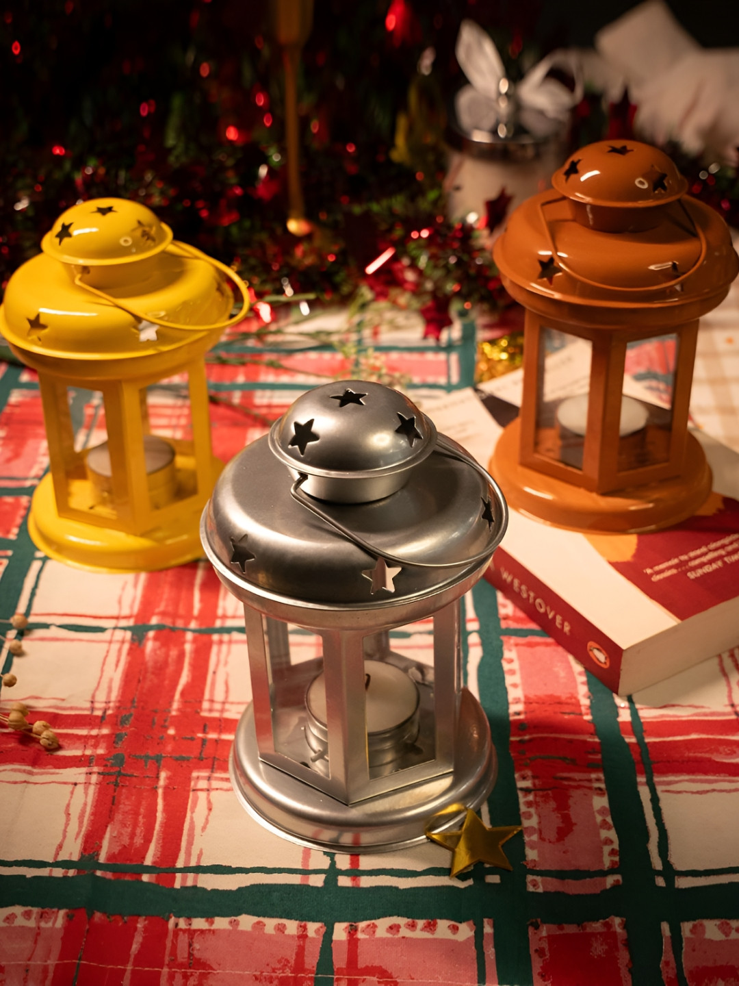 prettykrafts Yellow & Red 3 Pieces Textured Metal T Light Lantern Candle Holders