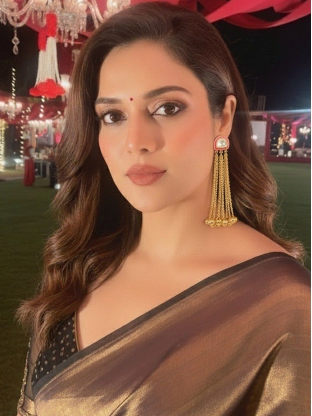AURAA TRENDS Gold-Plated Kundan Studded Tasselled Multi-Layered Chains Drop Earrings