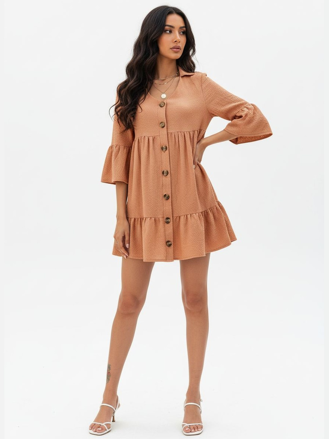 DressBerry Textured Tiered Shirt Dress