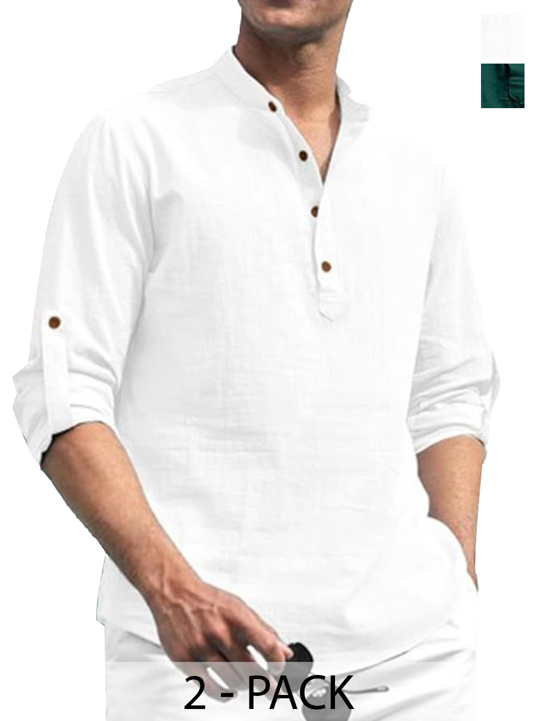 AMRIT TOP WEAR Pack Of 2 Band Collar Roll-Up Sleeves Cotton Straight Kurtas