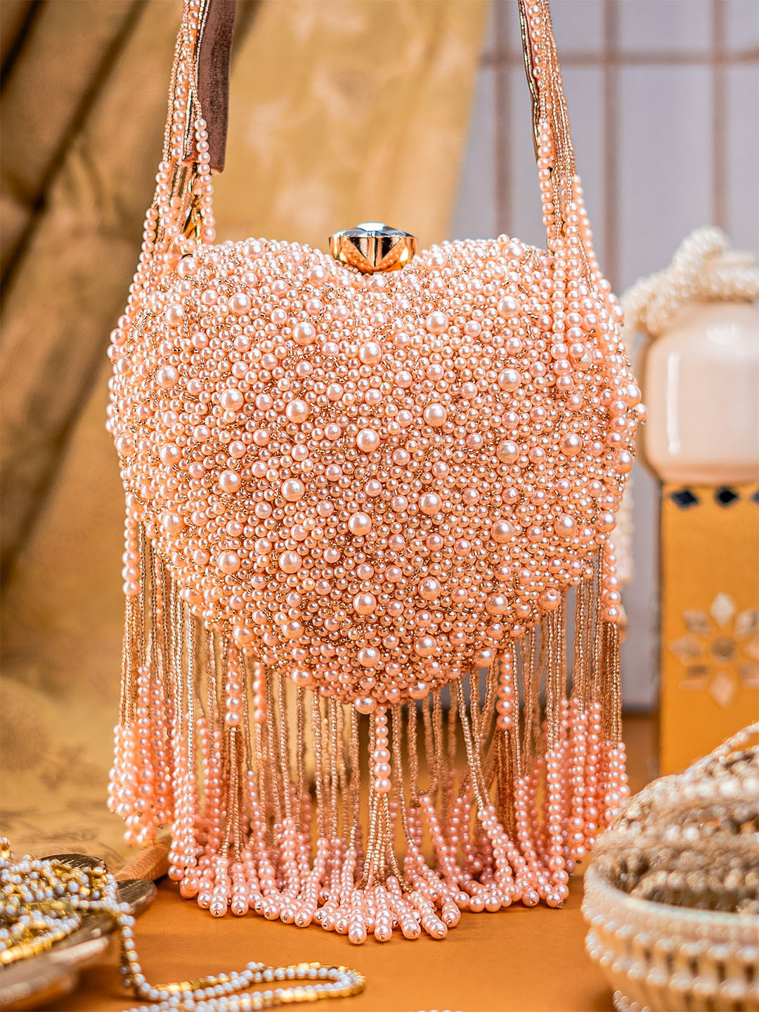 NR By Nidhi Rathi Pearl Heart-Shaped Embellished Box Clutch