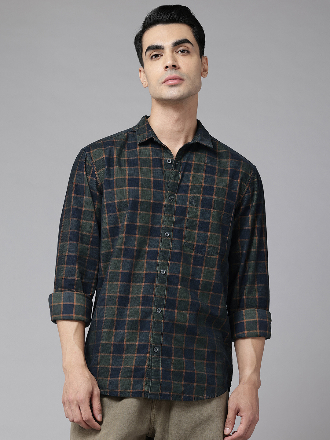 Sand Dunes Windowpane Checks Slim Fit Corduroy Shirt