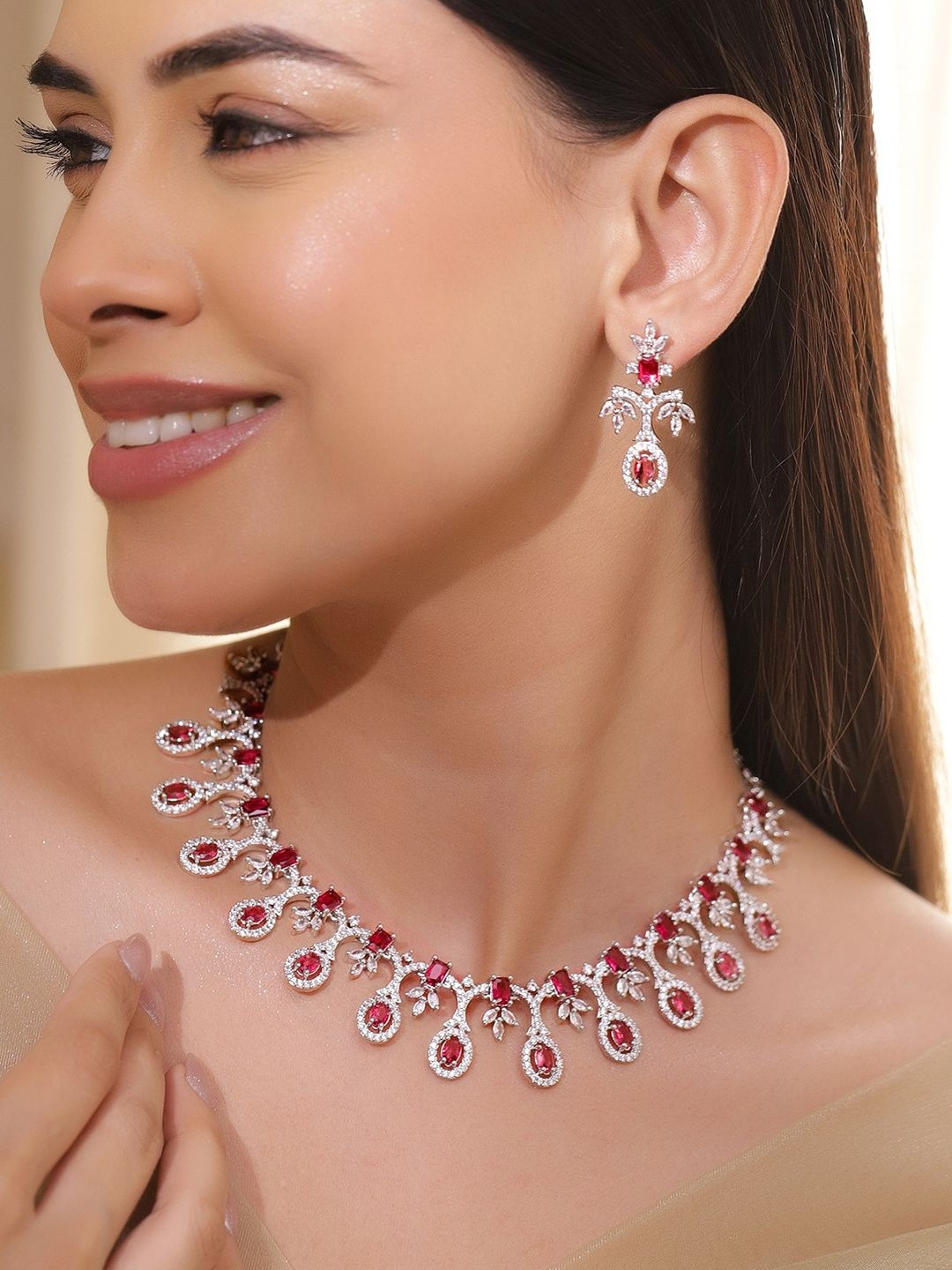 Women Rhodium-Plated Brass Ruby Red & White Cubic Zirconia Studded Classic Necklace Set