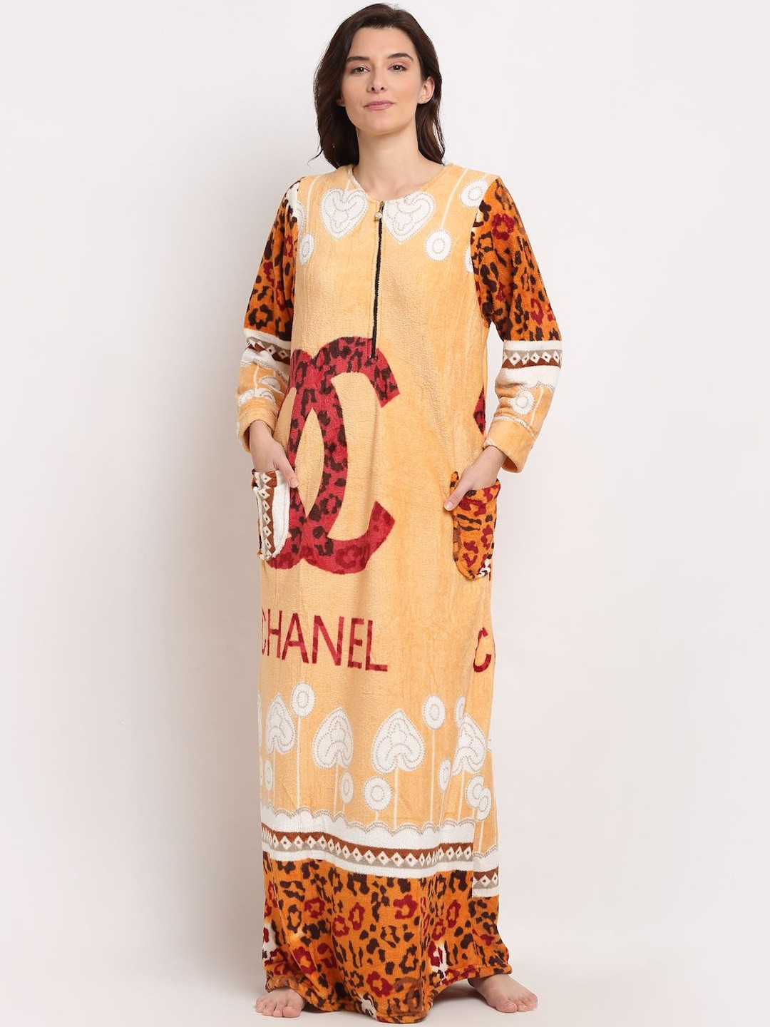 Overlock Women Beige & Brown Free Size Printed Fleece Nightdress