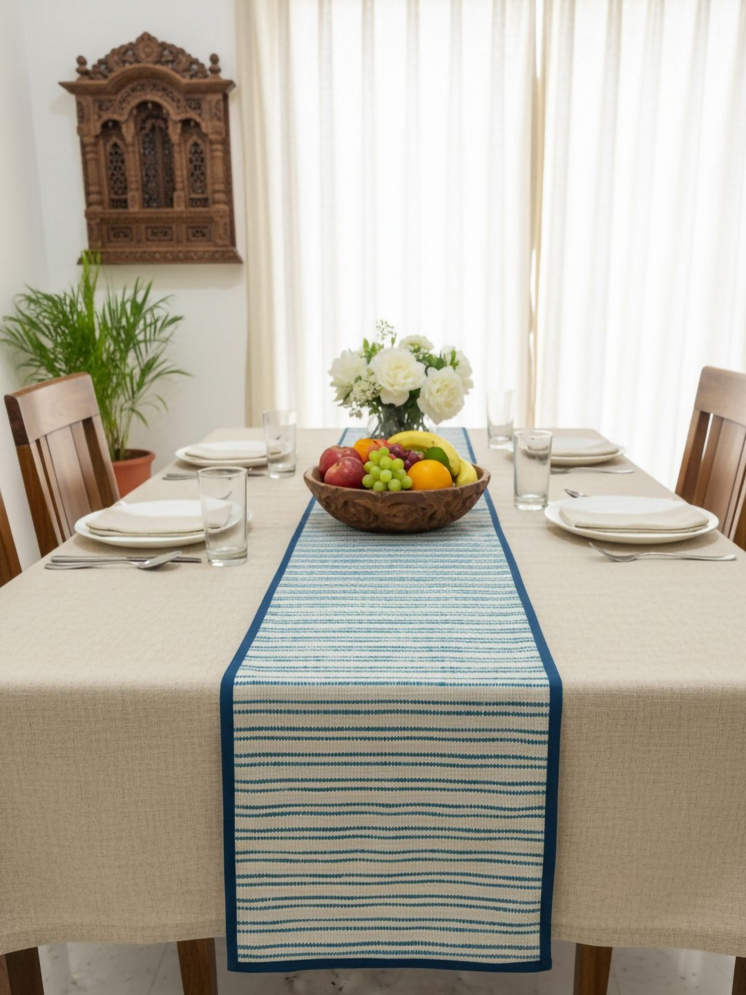 DESIGN GAATHA Beige and Teal-Blue 6 Pieces Striped Yarn Dye Table Runner