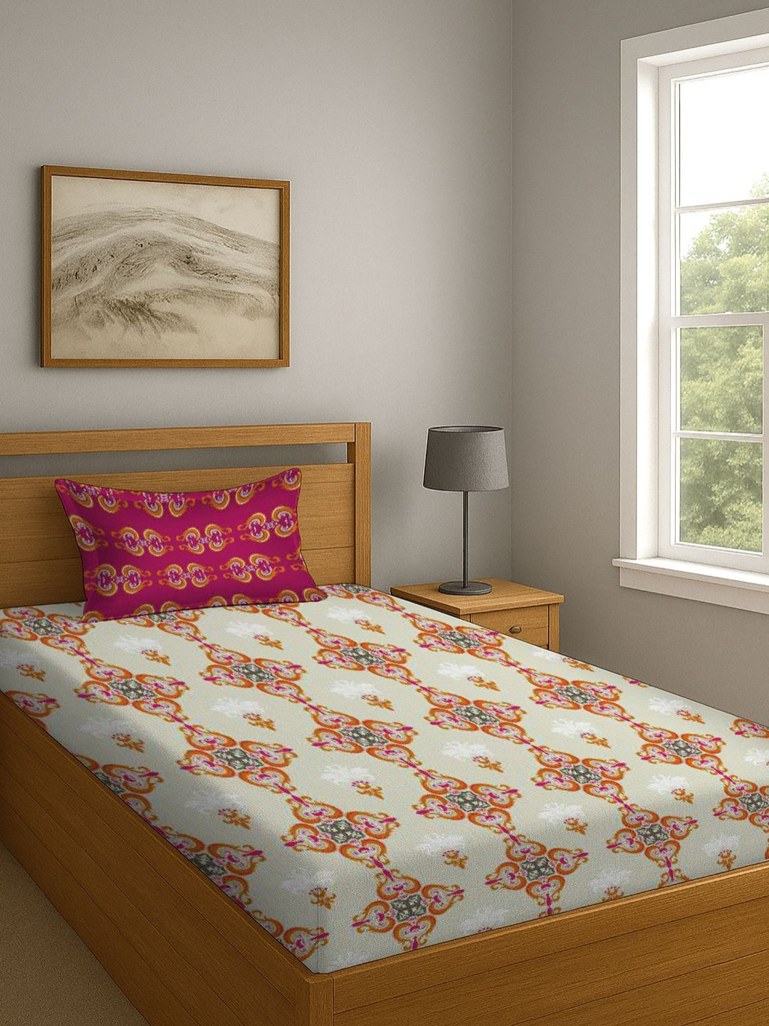 BOMBAY DYEING Orange Motifs Printed Cotton 104 TC Single Bedsheet 1.40 M X 2.24 M