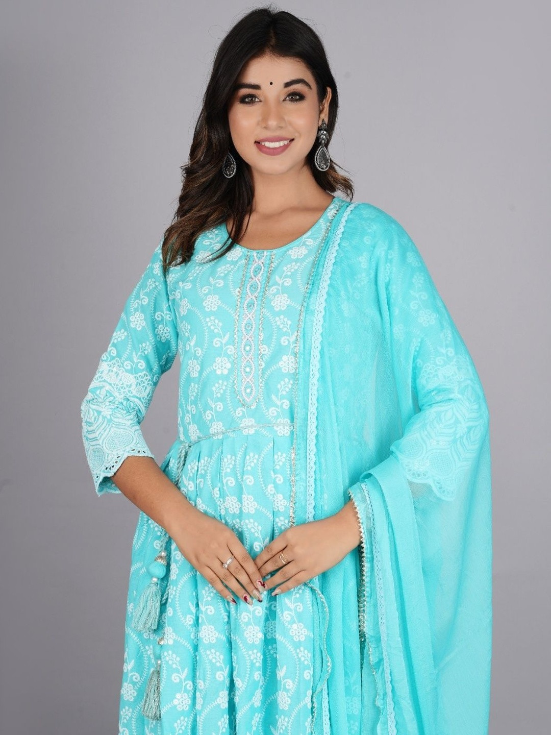 NEW ICON COLLECTION Women Floral Embroidered Cotton Anarkali Kurta with Trousers & Dupatta