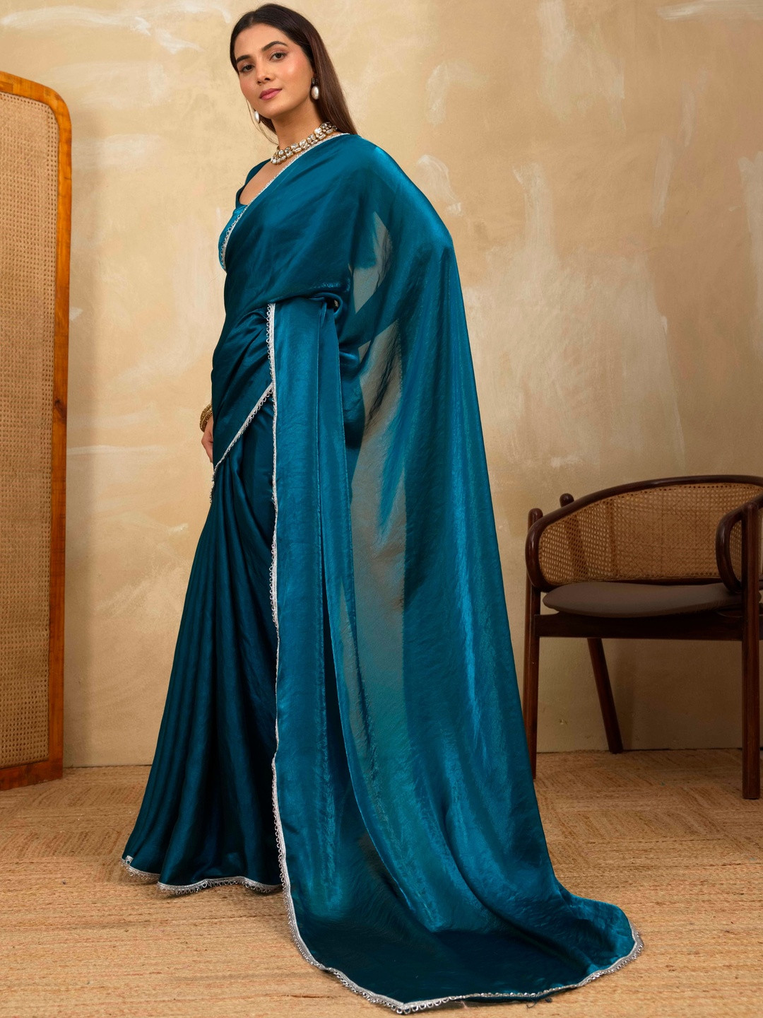 HOUSE OF MIRA  Solid Satin  Saree With Embellished Border with Unstitched Blouse