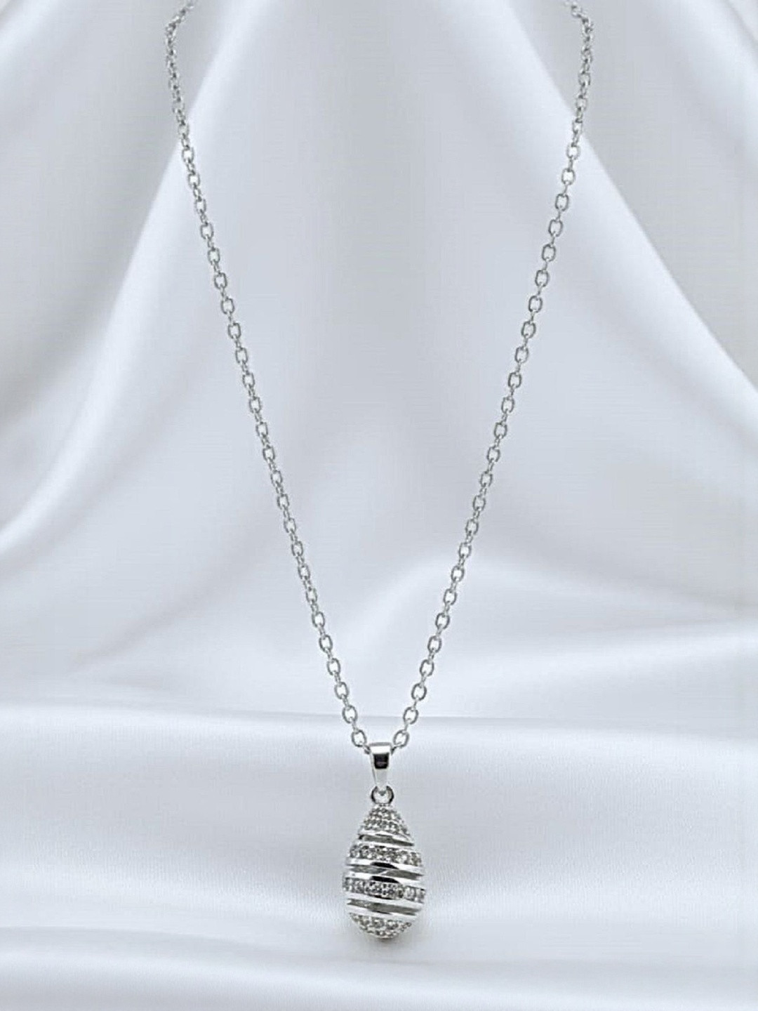 V FASHION JEWELLERY Stainless Steel CZ Studded Spiral Teardrop Shaped Pendant With Chain