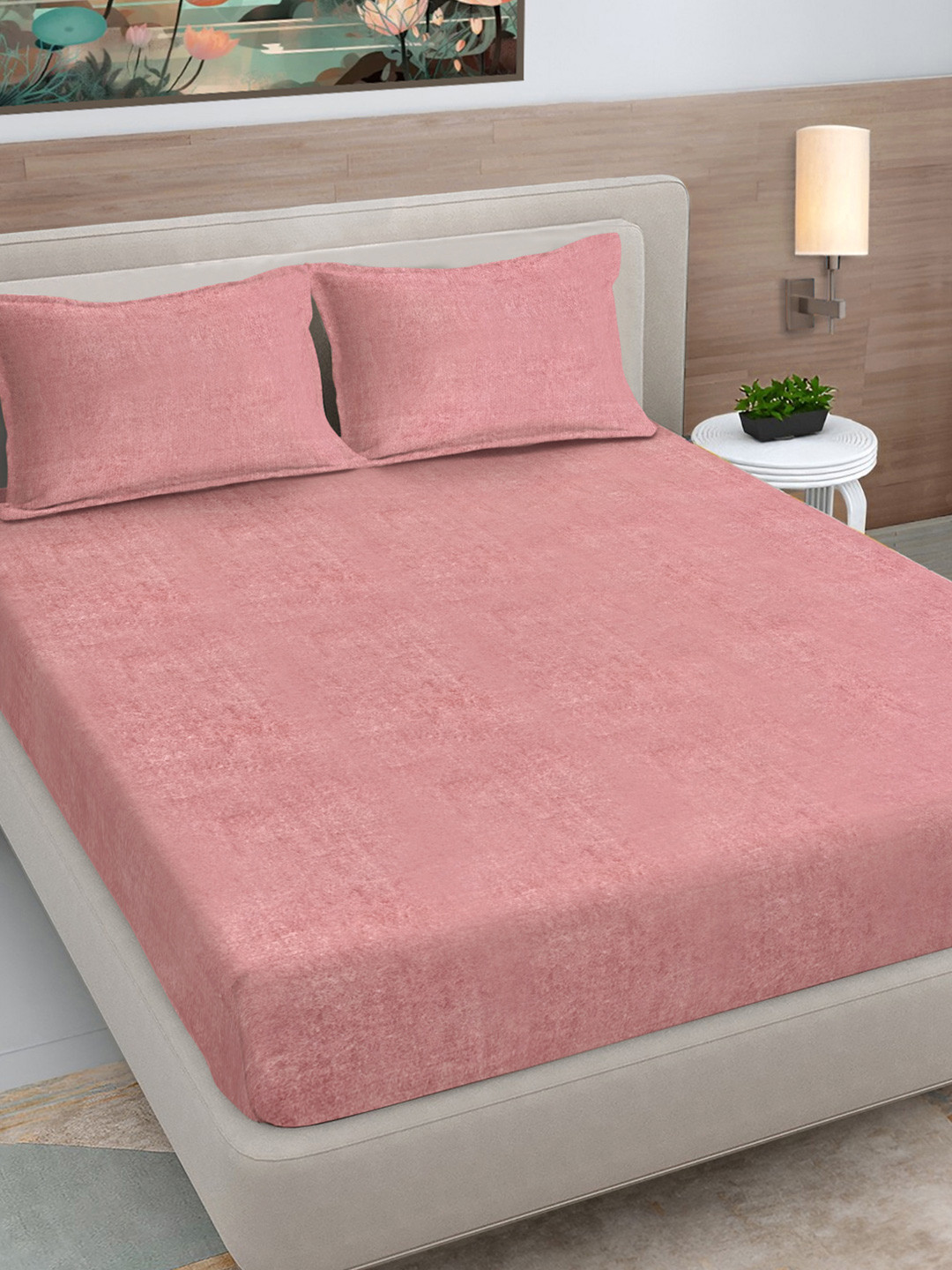 Myntra Elegant Homes Peach-Coloured Woollen 300 TC King Bedsheet Set 2.5 x 2.25 m