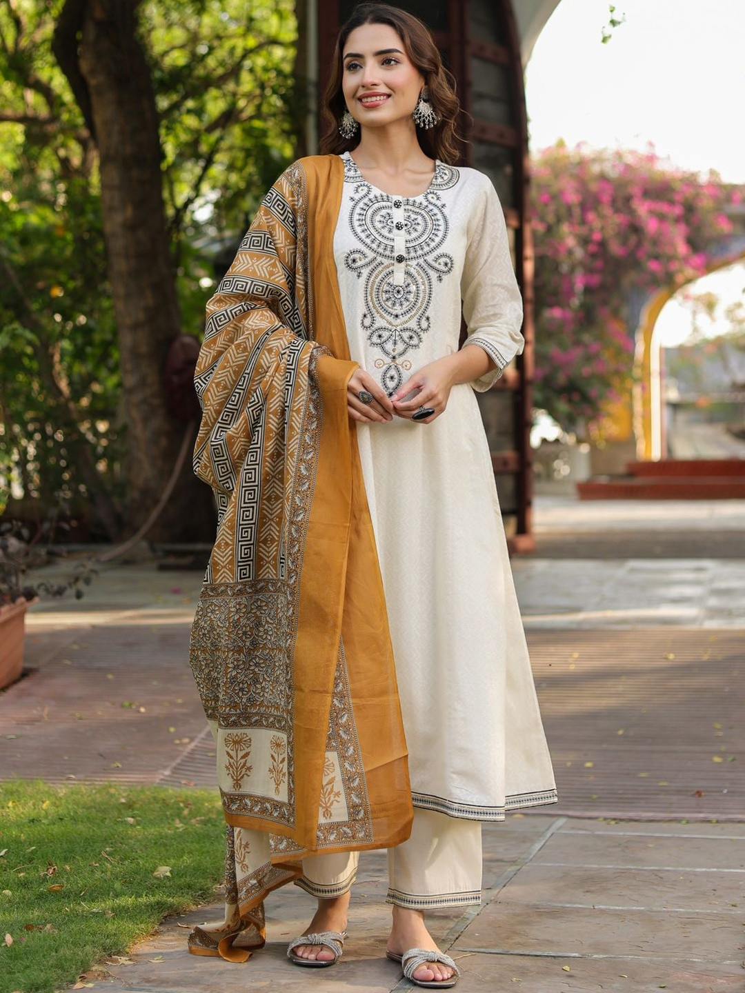 Rain & Rainbow Women Floral Embroidered A-Line Pure Cotton Kurta with Trousers & Dupatta Set