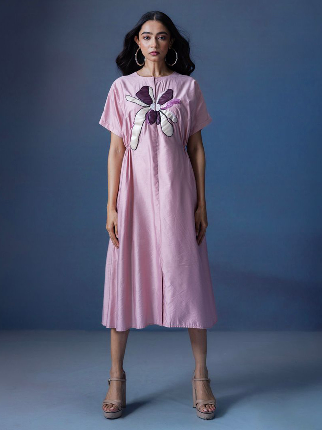 Mada Sasa Women Pure Cotton Floral Embroidered A-Line Midi Dress