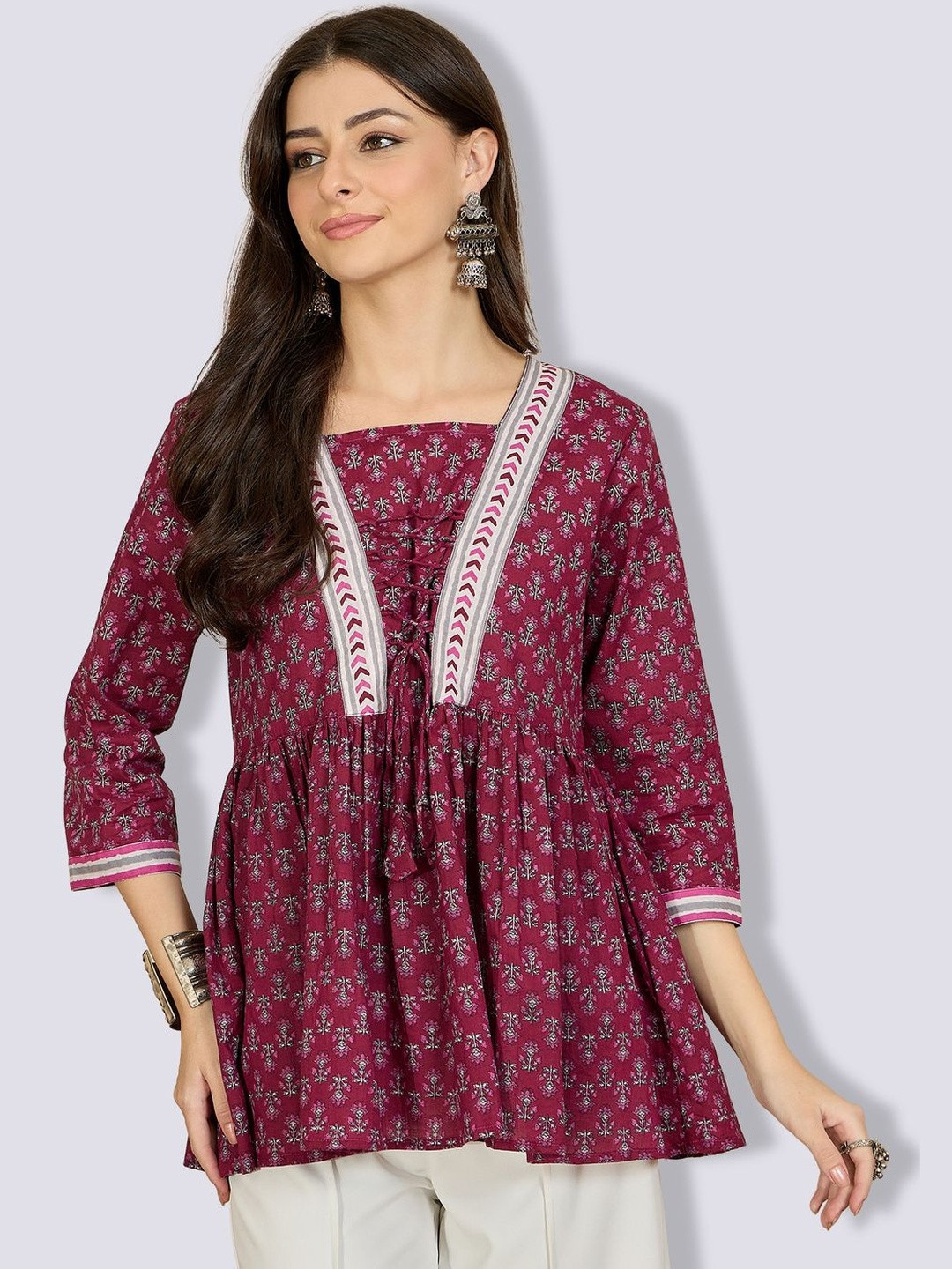 VANSIRI Square Neck Cotton Printed Tunic with Stylish Neck Dori Detailing