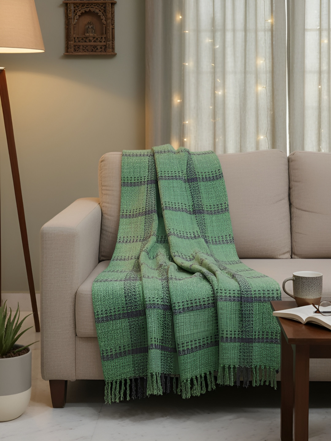 DESIGN GAATHA Green & Charcoal Hand Woven Cotton Sofa Throw