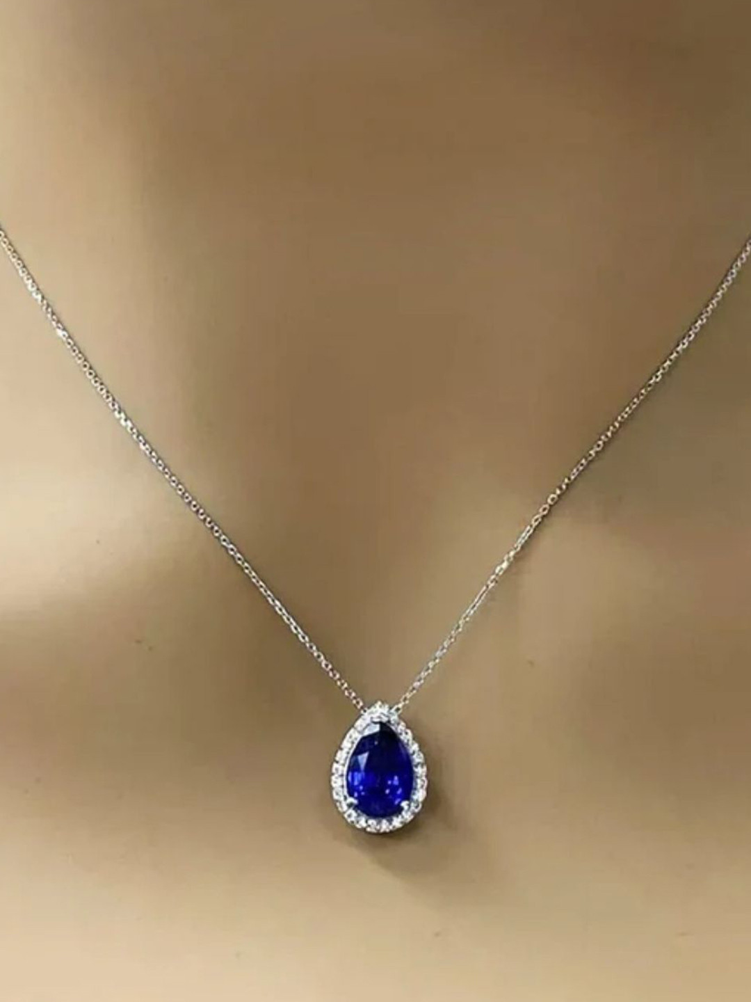 Zarkan Sterling Silver Rhodium Plated Cubic Zirconia Studded Teardrop Pendant With Chain