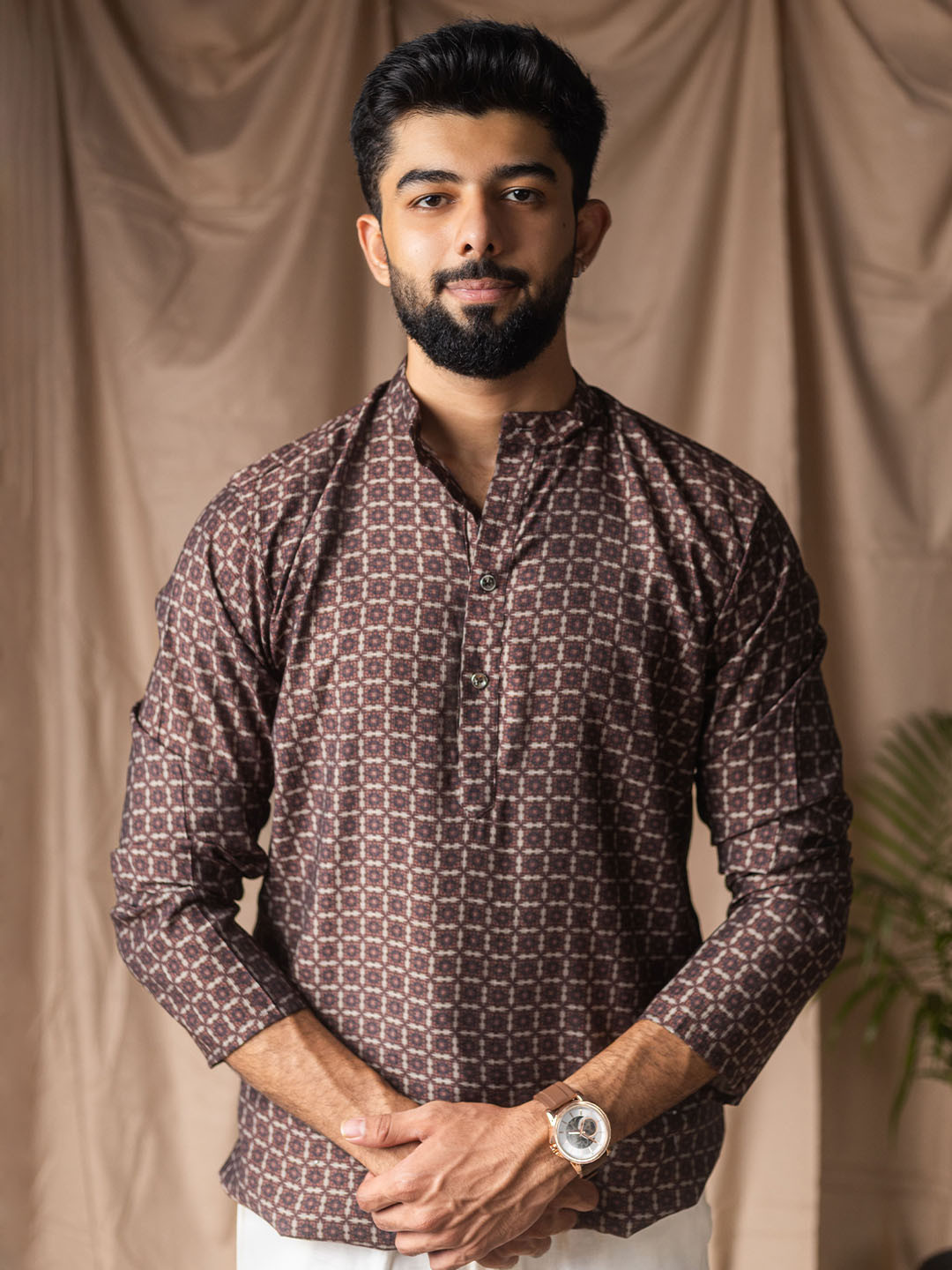 Rawayi Ethnic Motifs Printed Mandarin Collar Straight Linen Kurta