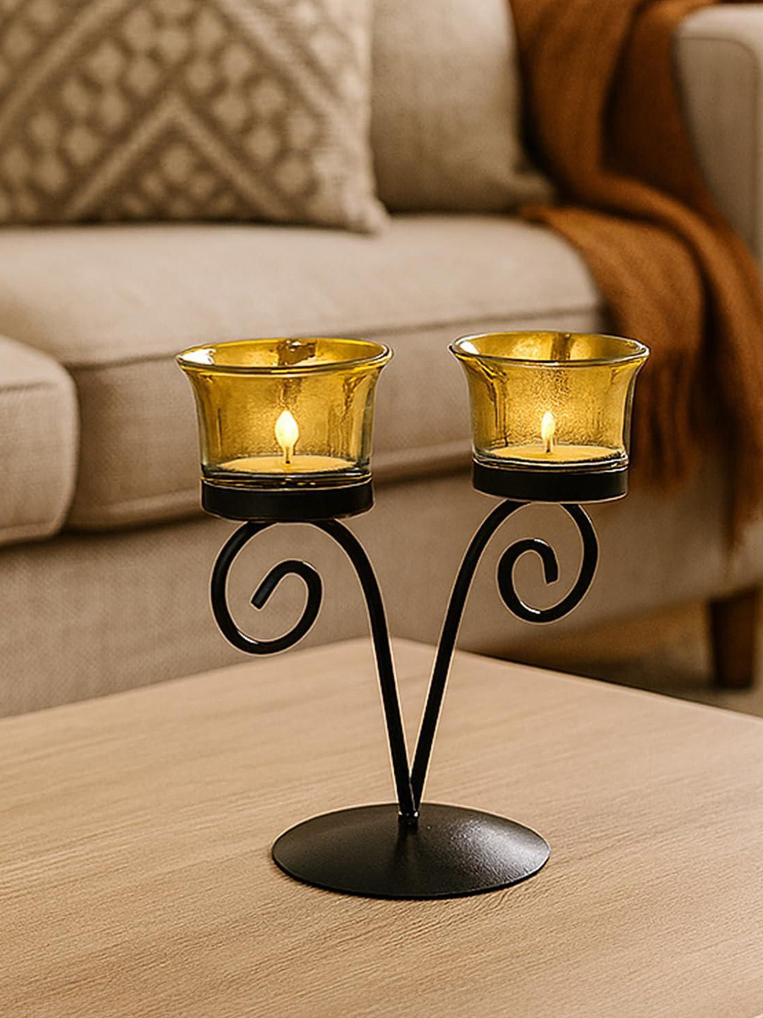 MARKET99 Black & Gold-Toned Swirl Glass Candle Holder