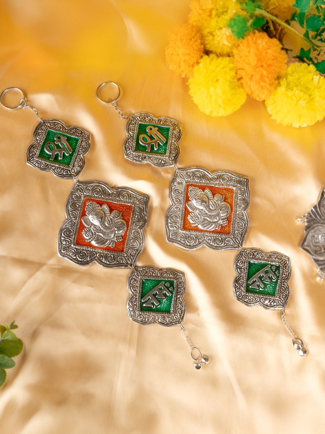 The Zappy Box 2 Pcs Silver Toned And Green Ganesh Ji Shree Namah Tile Hangings