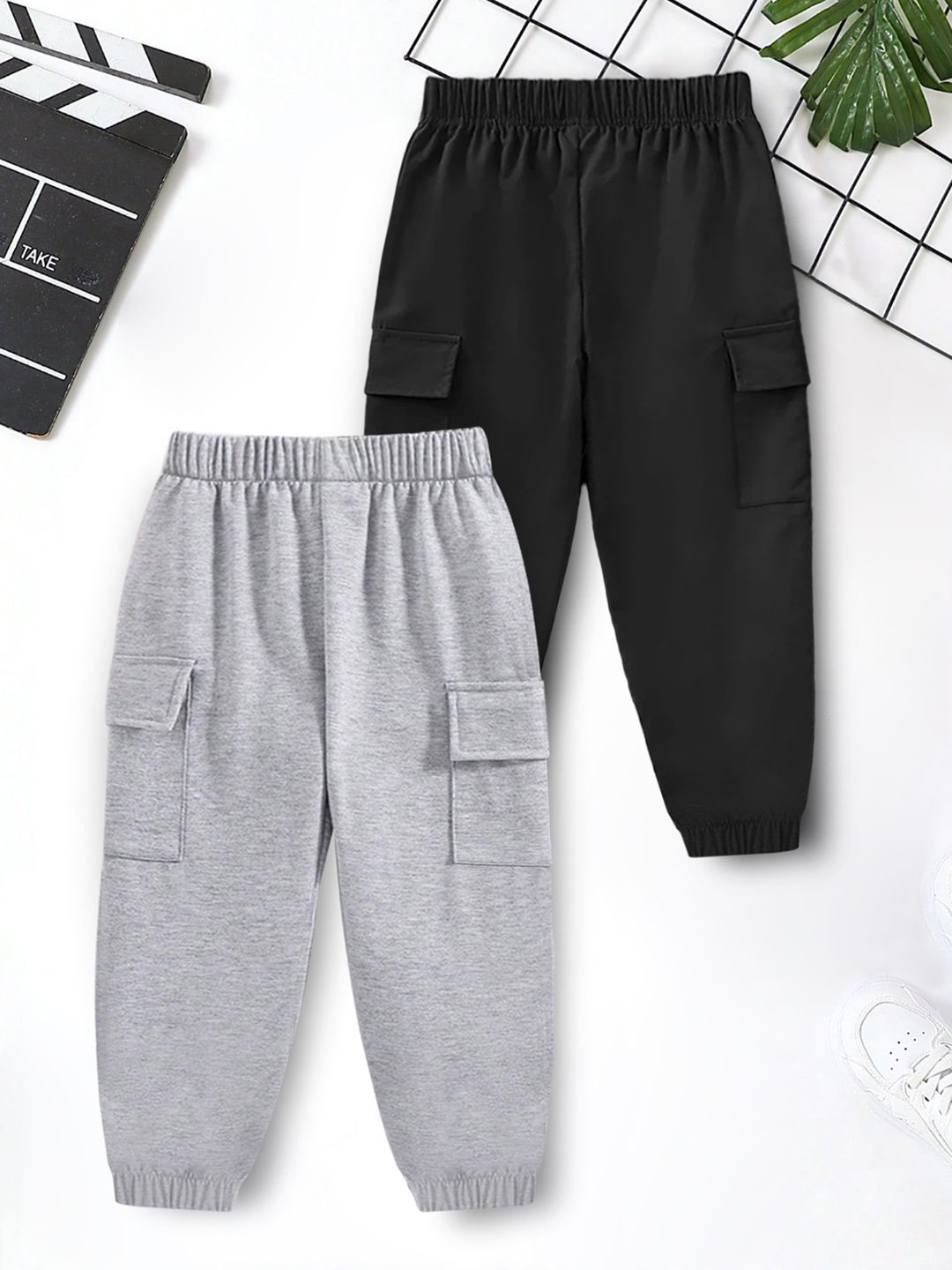 YK X Trampoline Pack Of 2 Kids Solid Cotton Joggers with Elastic Waistband