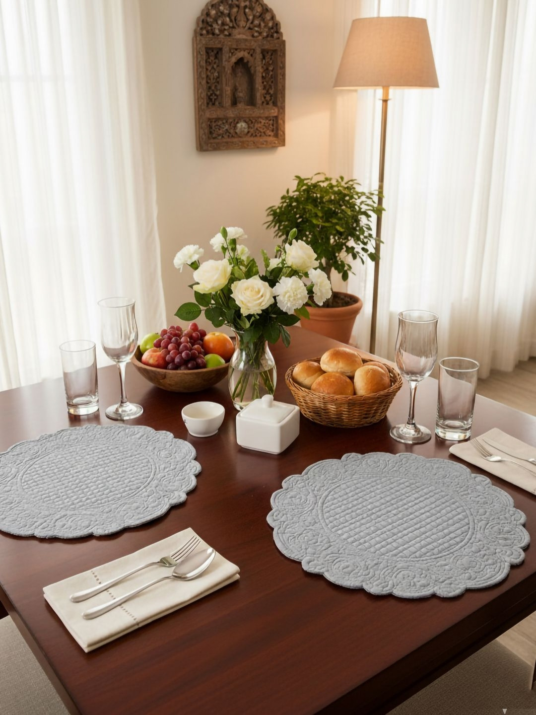 DESIGN GAATHA Grey 2 Pieces Ethnic Motifs Quilted Pure Cotton Round Table Placemats