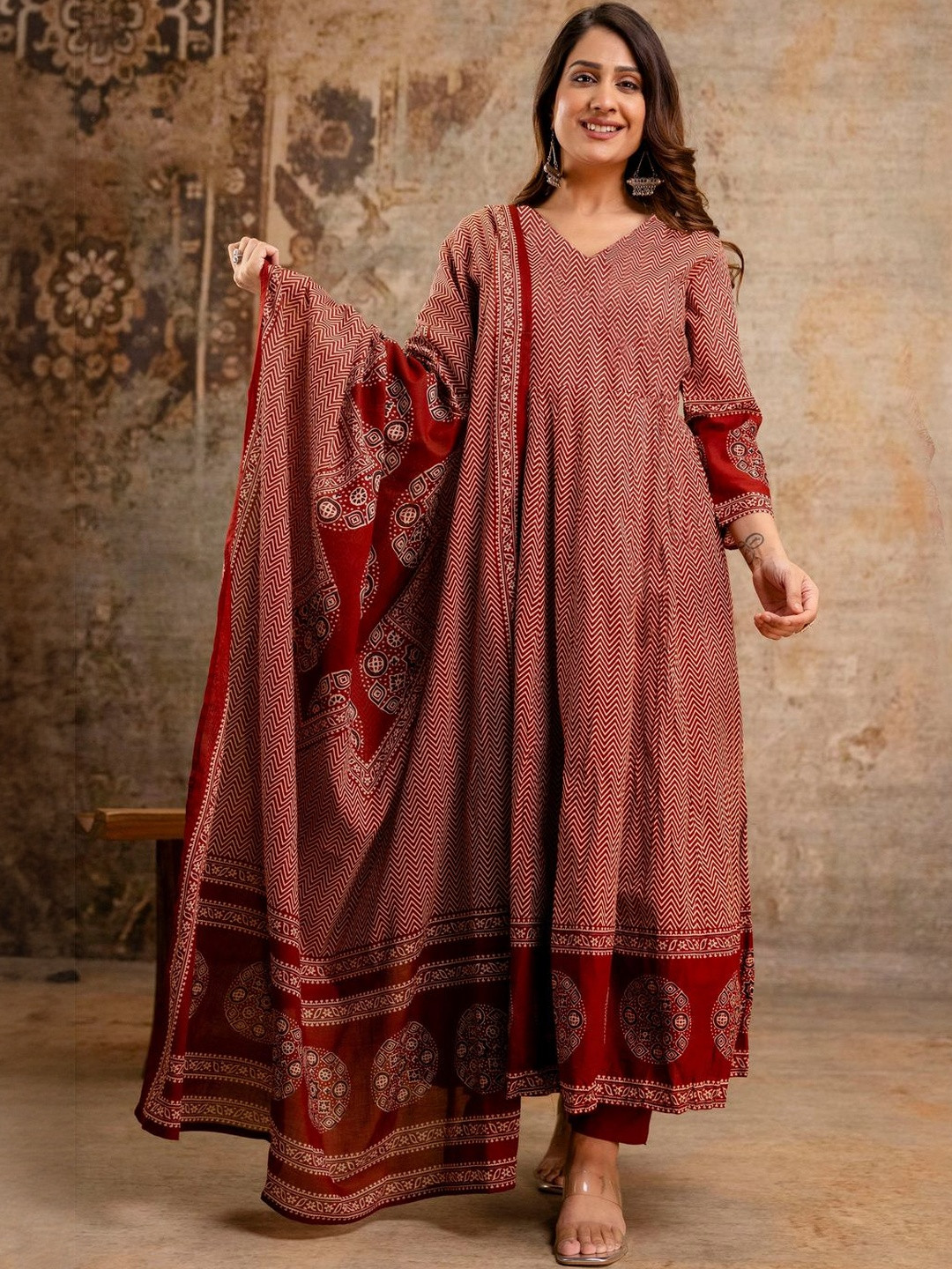 KALINI Ethnic Motifs Printed Panelled Anarkali Kurta With Trousers & Dupatta