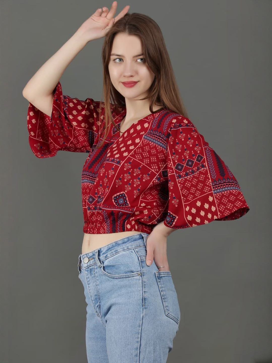 Benicia Attire Ethnic Motifs Print Flared Sleeve Cotton Crop Top
