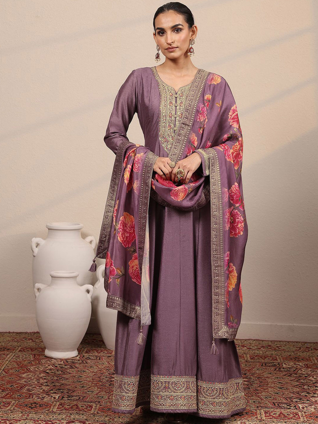 Libas Women Embroidered A-Line Ethnic Dress With Floral Printed Dupatta