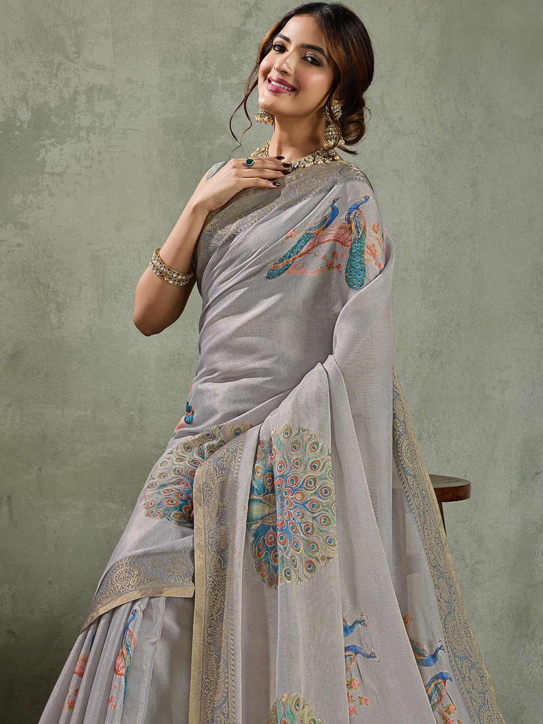 all about you Peacock Printed Aari Work Tissue Saree