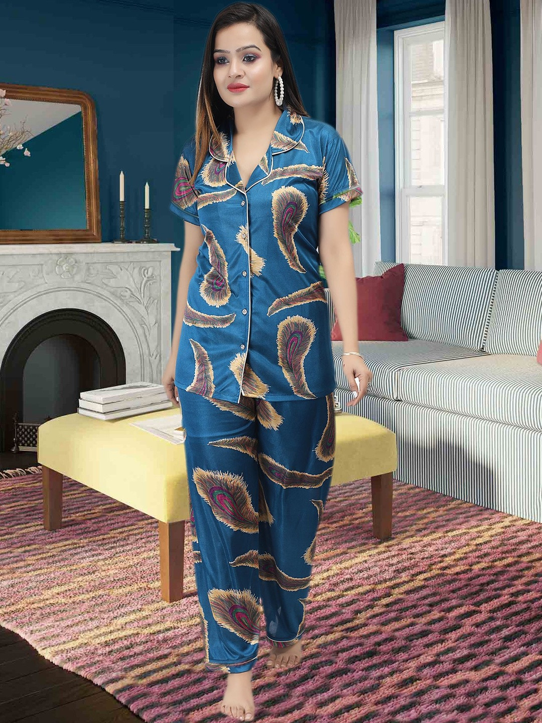 Clothus Women Paisley Printed Satin Printed Top & Pyjamas Night suits