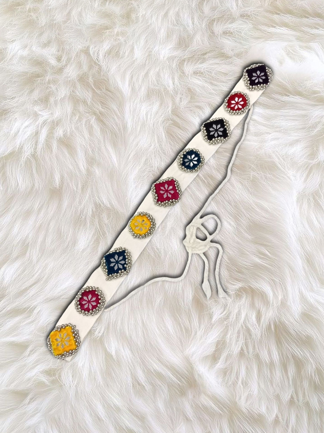 Niddleman Women Embroidered Fabric Waist Belt with Mirror Work & Silver Pearl Detailing