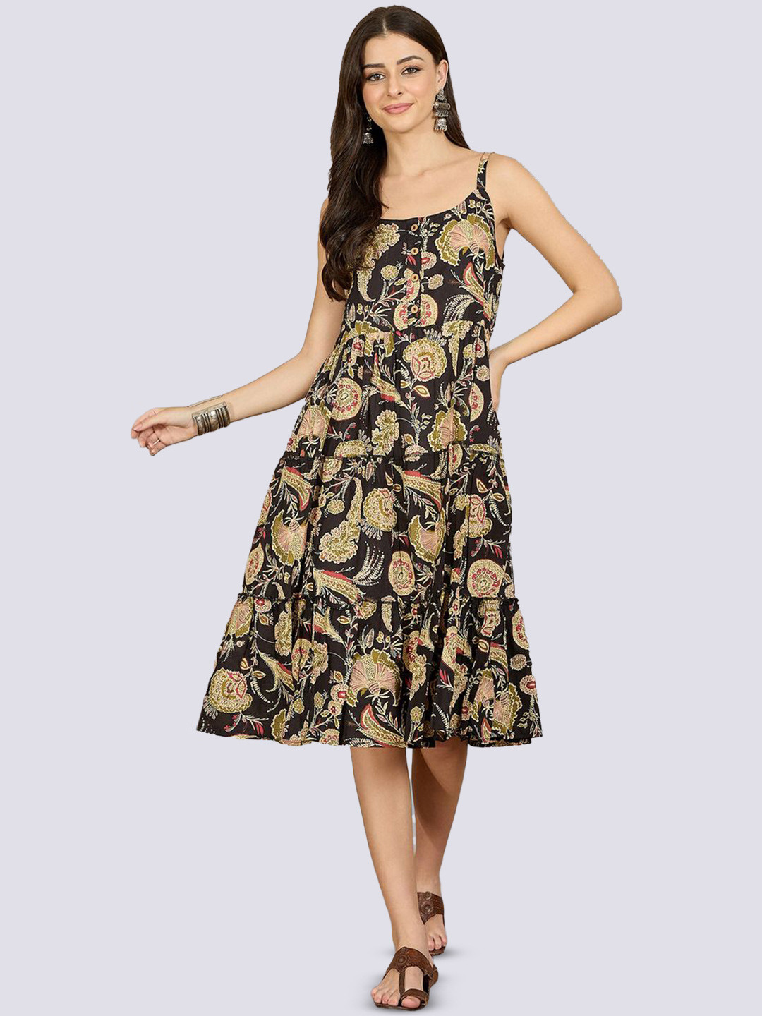 VANSIRI Women Floral Printed A-Line Midi Dress