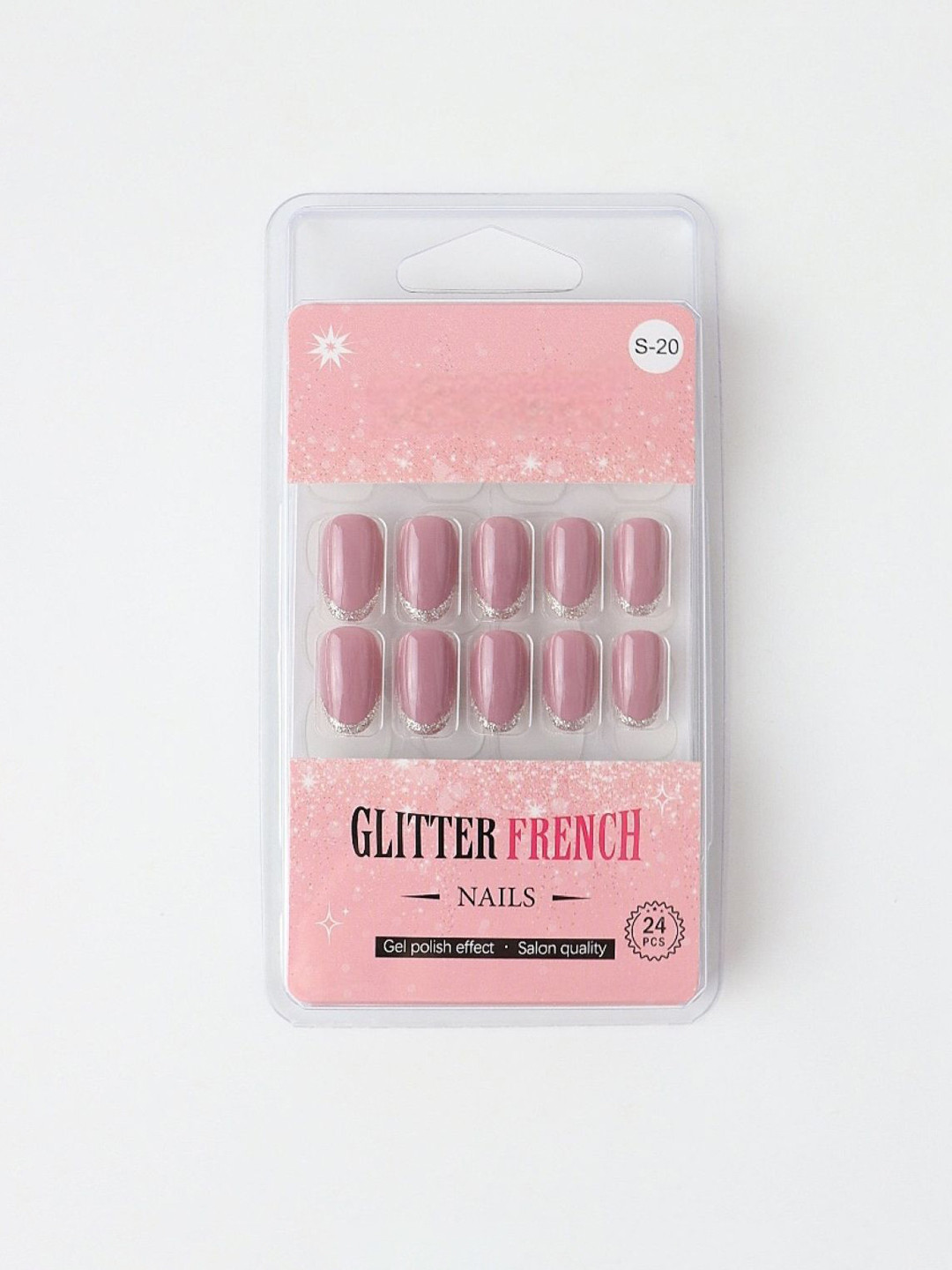 RANORE Set Of 24 Glitter French Press On Nails With Glue Tips & File - Shade S-20