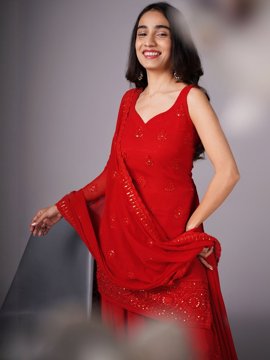 colorkosh Motifs Embroidered Sequinned Sleeveless Straight Kurta With Sharara & Dupatta