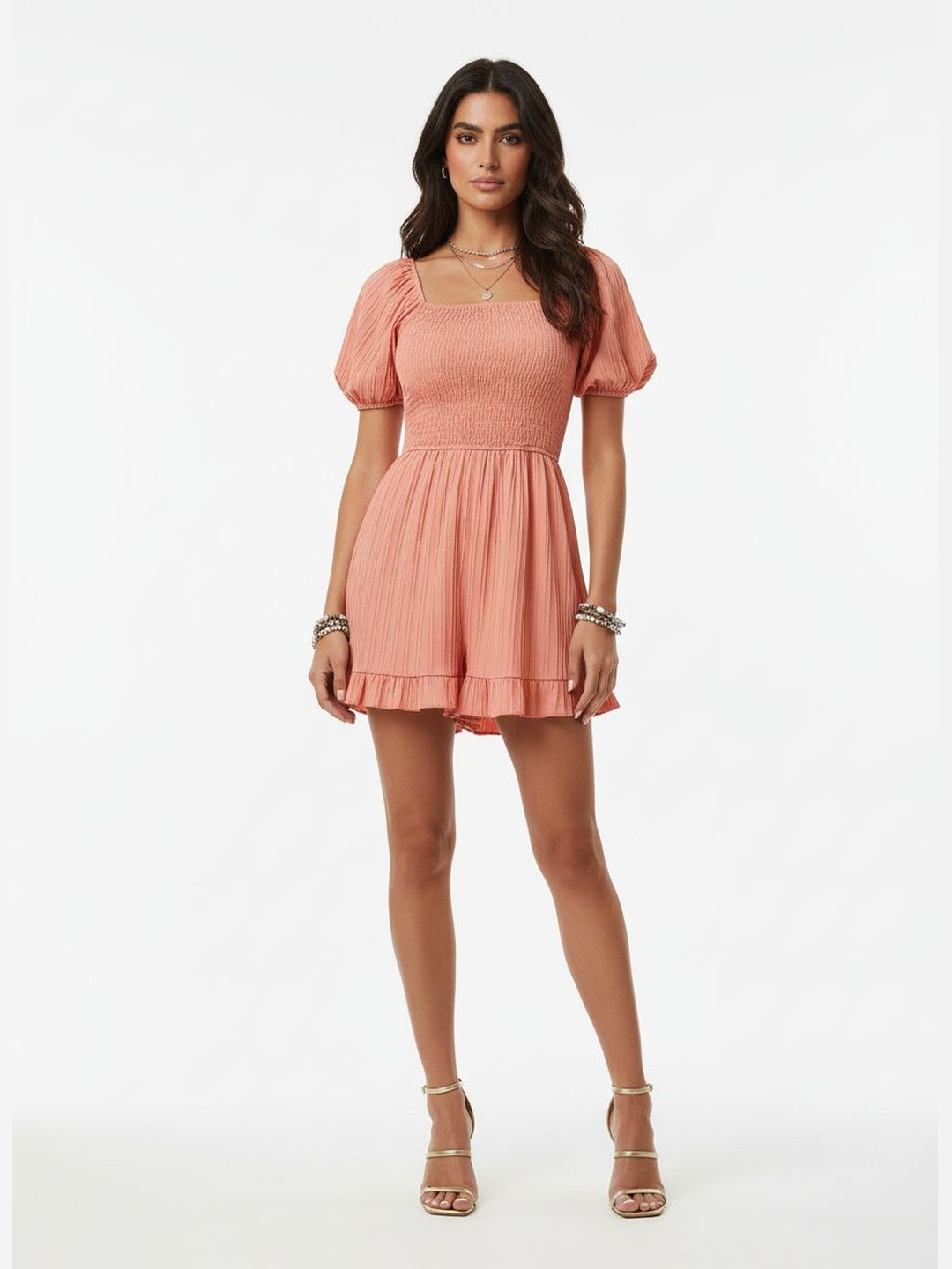 DressBerry Smoked Detailed Puff Sleeves Playsuit